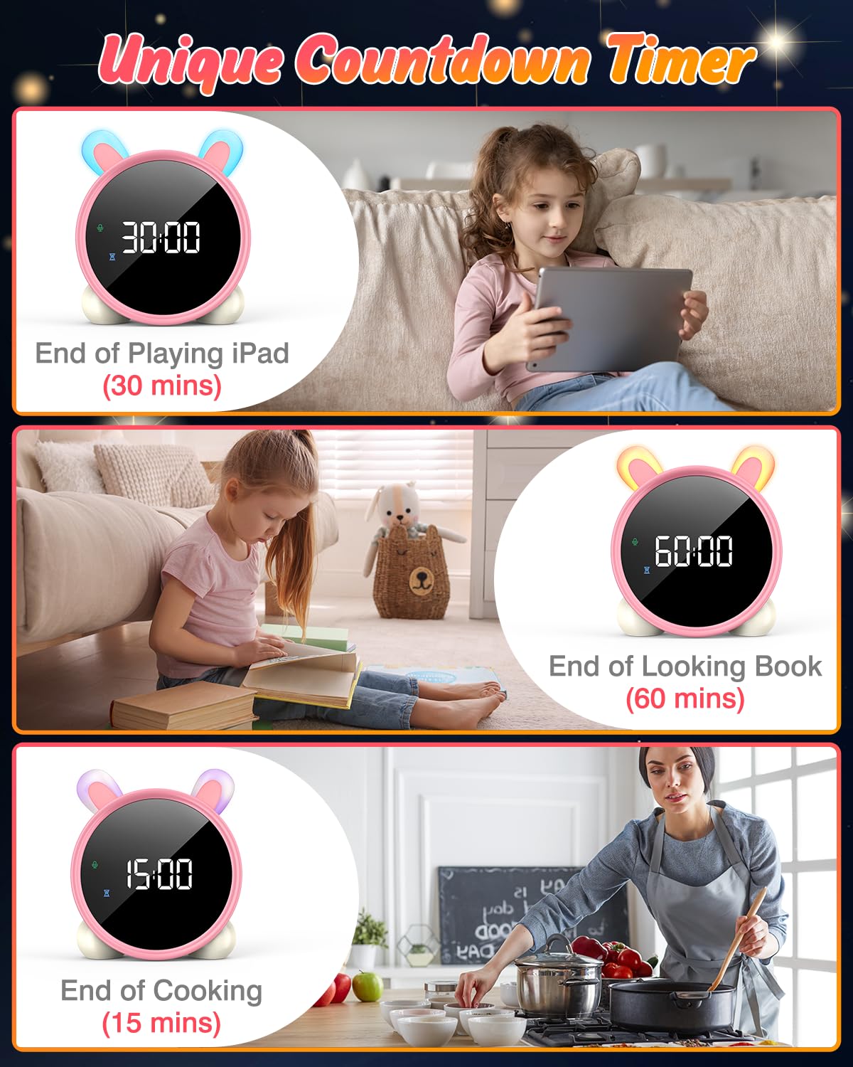 Lemnoi alarm clock for kids, kids sleep trainer for boys and girls, battery powered kids alarm clock light with night light, countdown, snooze function, 3 brightness levels, and colorful light.
