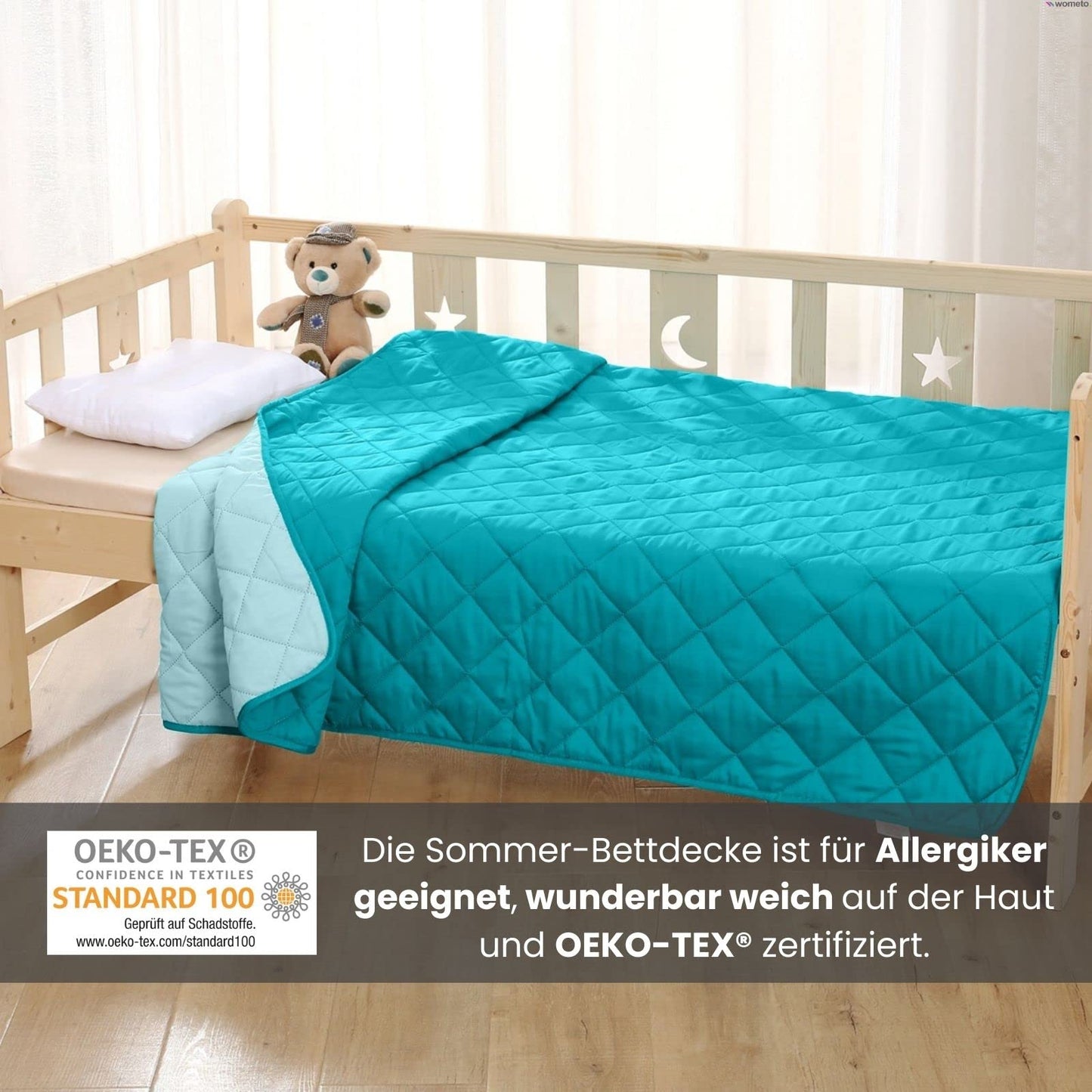 wometo Microfiber Summer Quilt Reversible Design 155x220 OekoTex - turquoise and light blue Machine washable at 95° Summer duvet for camping and hot days I can be used without cover I colorful & vibrant