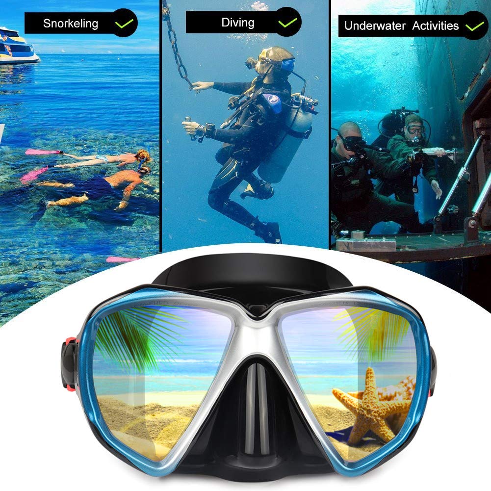 Adult diving mask with anti-fog snorkel mask, tempered glass swim mask and nose cover for snorkeling and swimming (A-Blue)