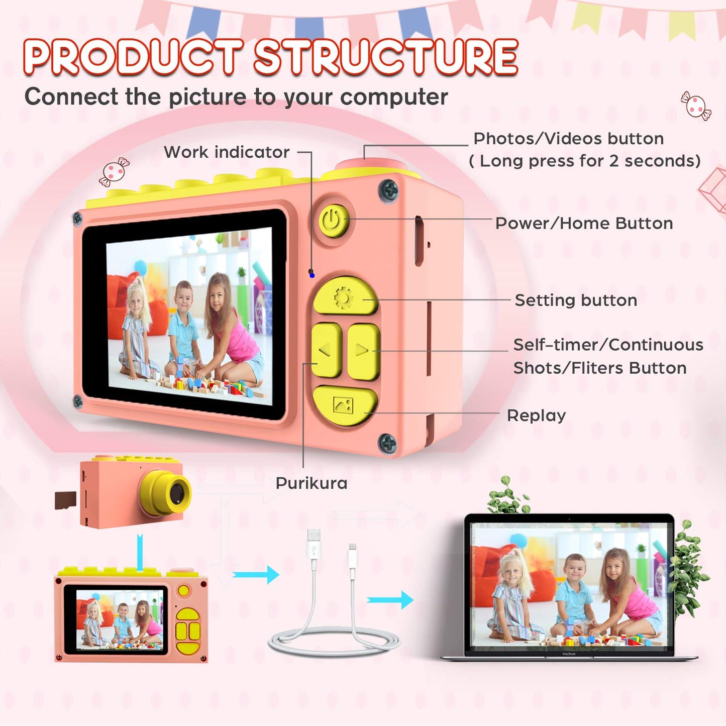 ShinePick Kids Camera, 8MP / HD 1080P / 2 Inch Screen/Photo & Video/Frames/Filters, Children's Digital Camera with Memory Card, Xmas Birthday Gifts for Kids (Pink)