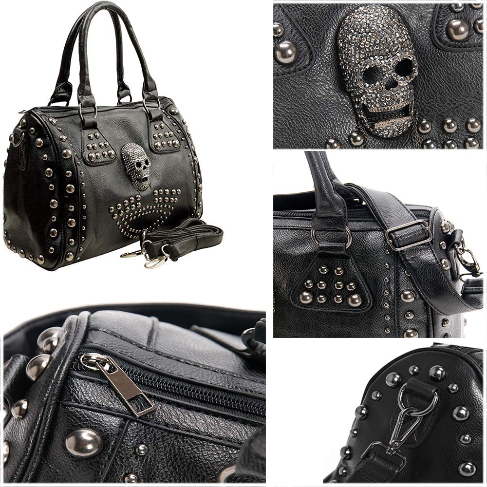 Alwaysky Women's Skull Handbag Large Capacity Gothic Shoulder Bag Studded Doctor Handbag, Black