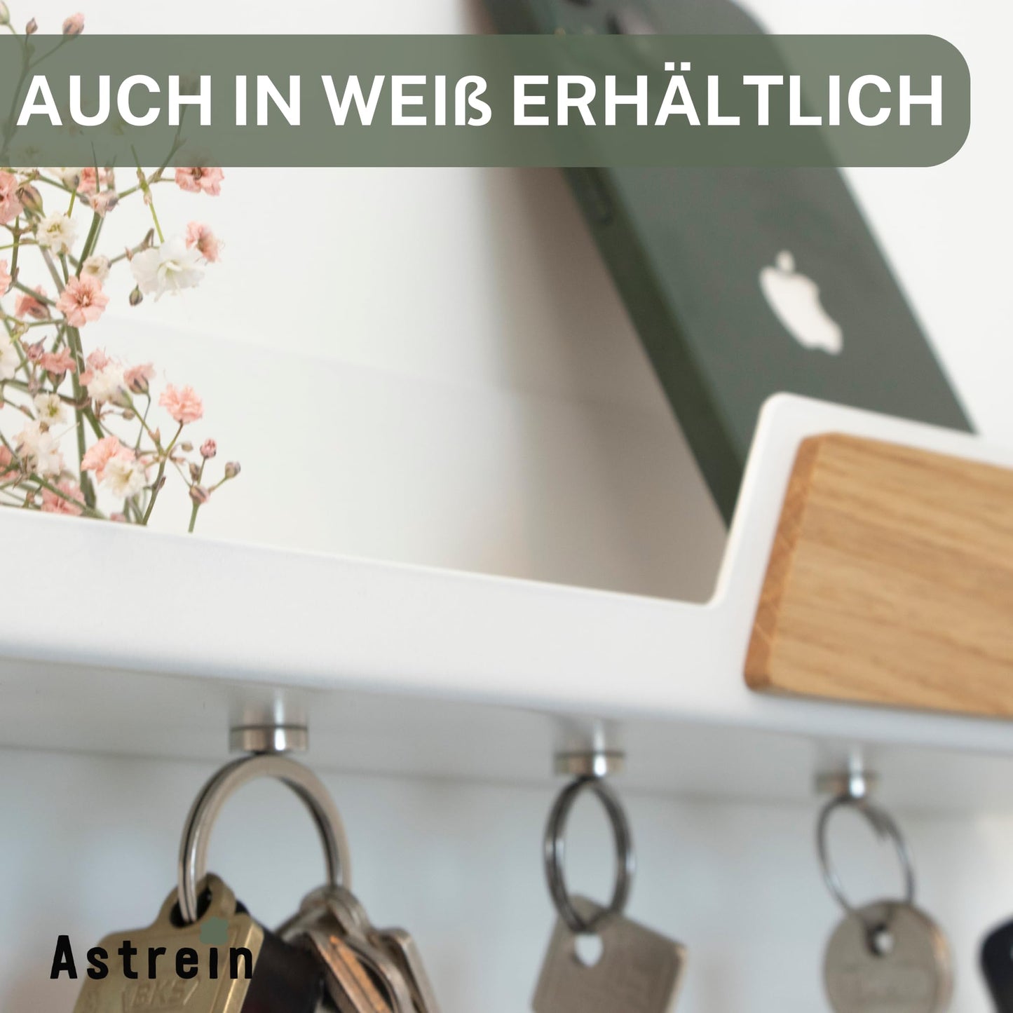 Astrein® | Magnetic key board | Wooden key rack | Oak | Key holder with shelf | Black metal key storage