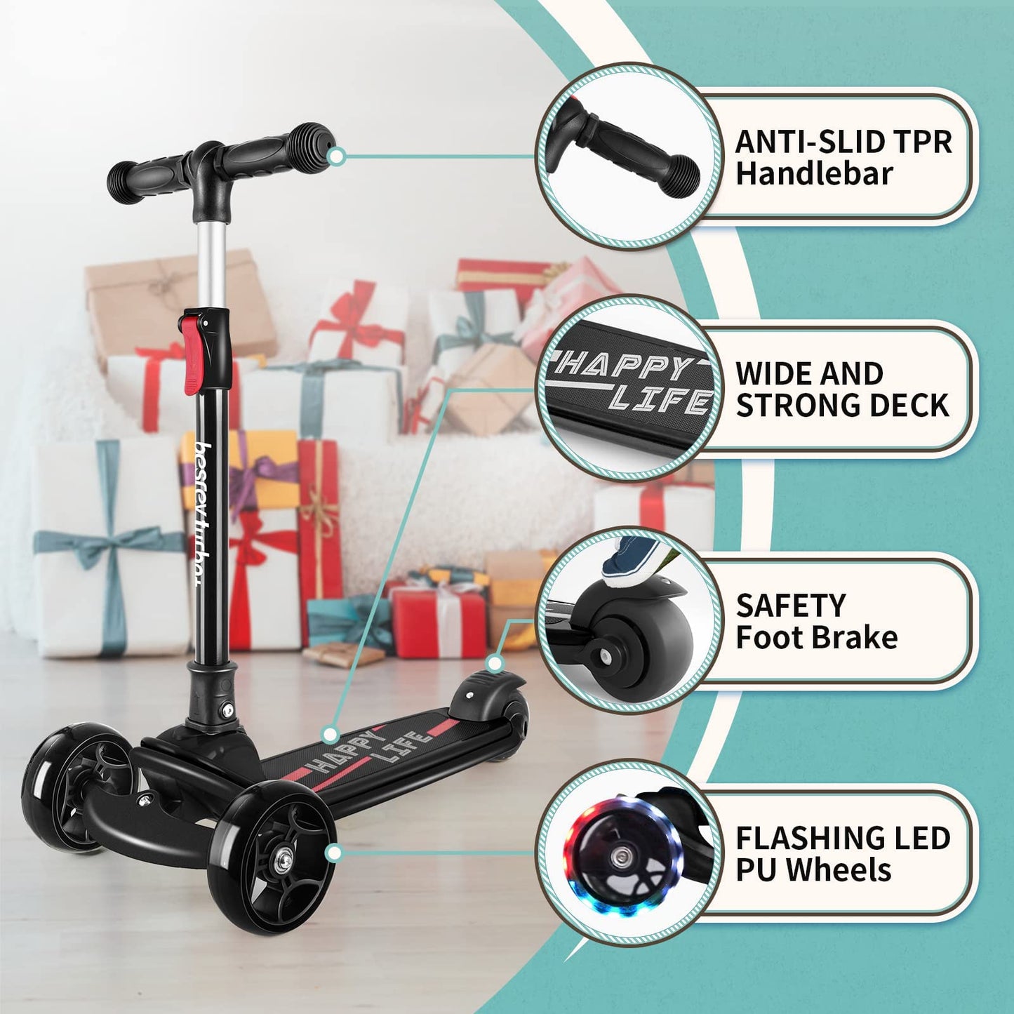 Besrey Kids Scooter, the safe tricycle scooter with PU LED light-up wheels, foldable adjustable height, lightweight with weight capacity up to 50 kg, suitable for toddler boys and girls.