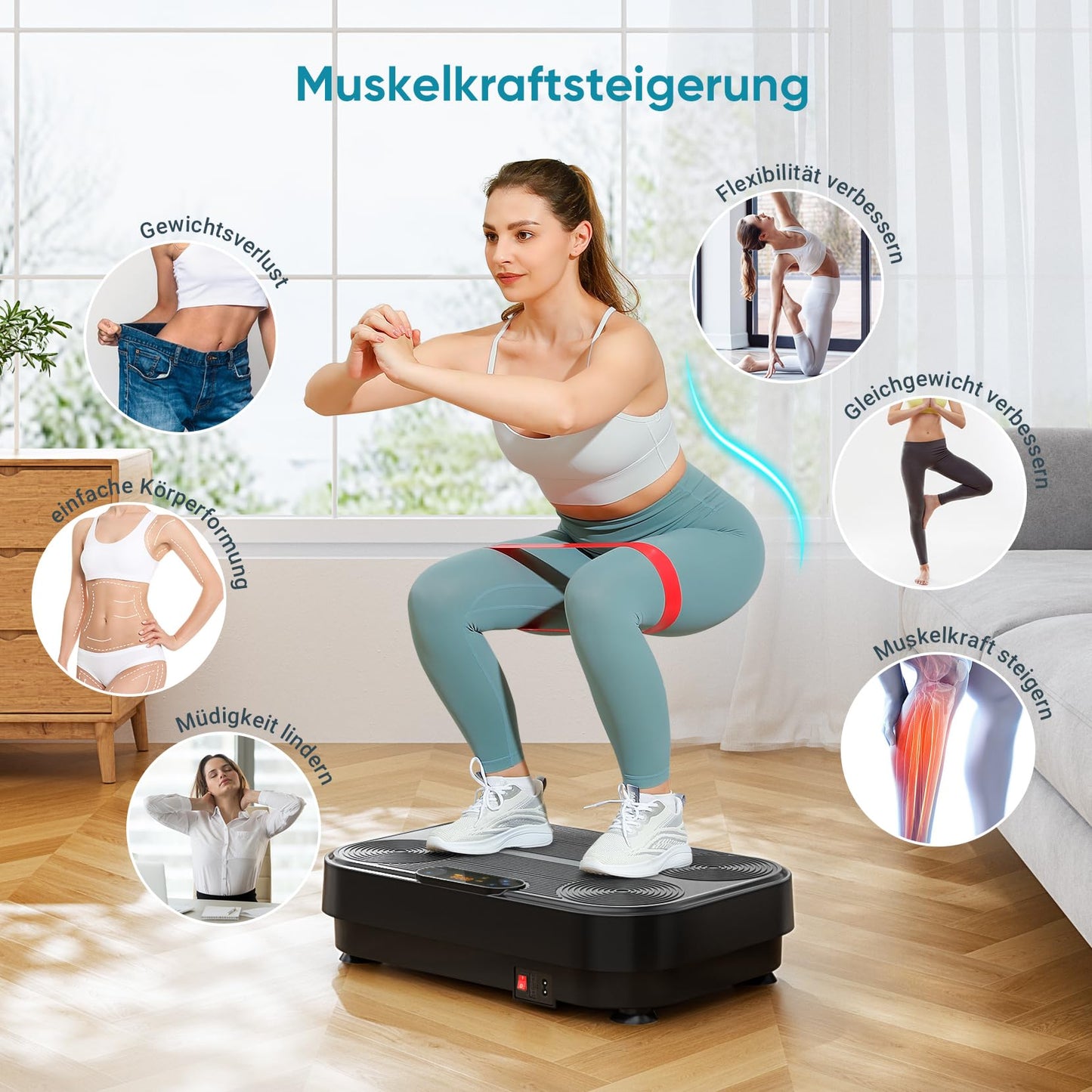 The THERUN vibration plate is a home sports vibrating plate with 1-99 different vibration intensities. It is perfect for muscle building, fat loss, and full body training. Comes with 4 fitness bands in black.