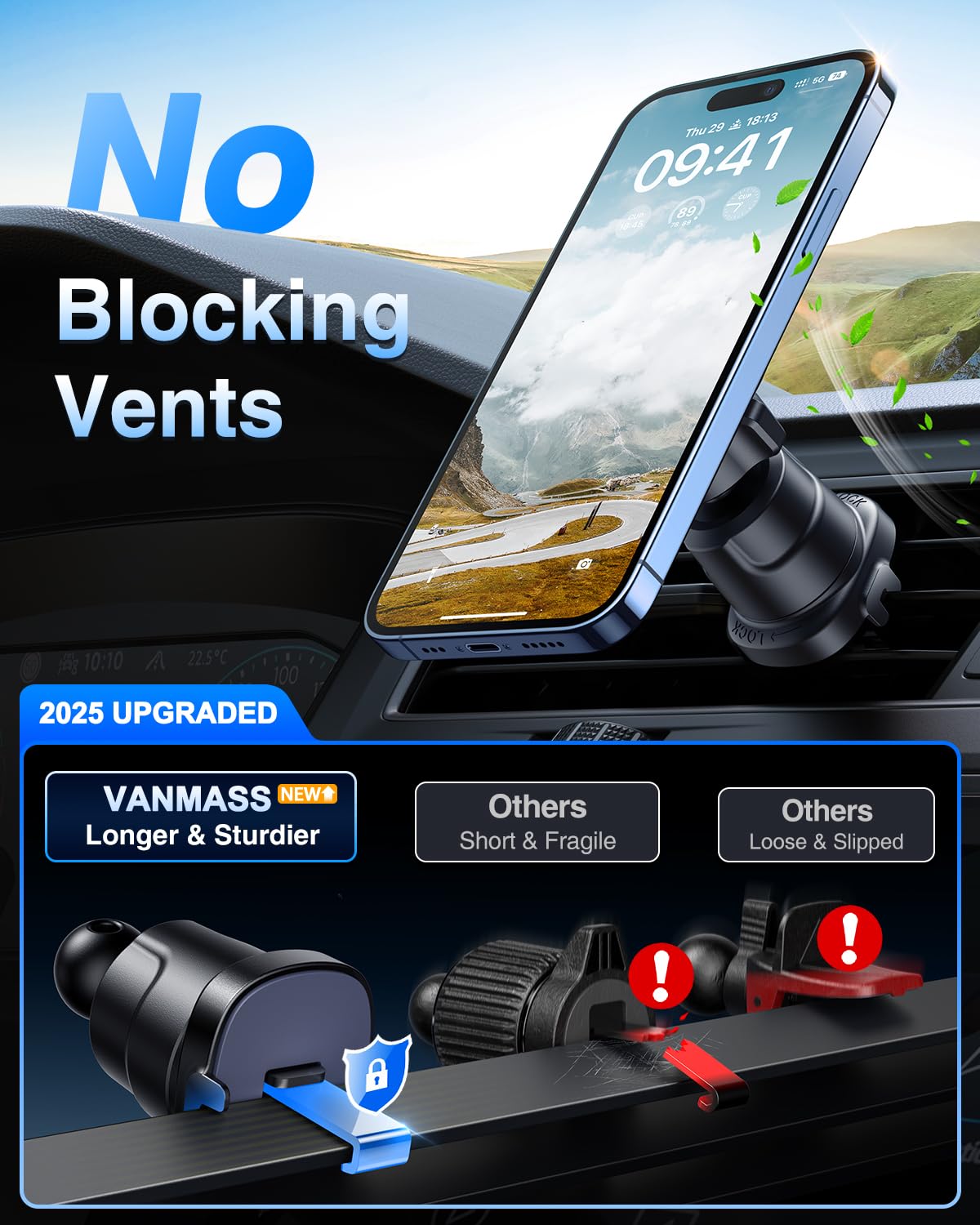 VANMASS Military-Grade Car Phone Holder - for MagSafe Car Mount - Strong Magnetic Phone Holder for iPhone 16 15 14 13 12 Pro Max Plus Mini, Magsafe Case, All Smartphones.