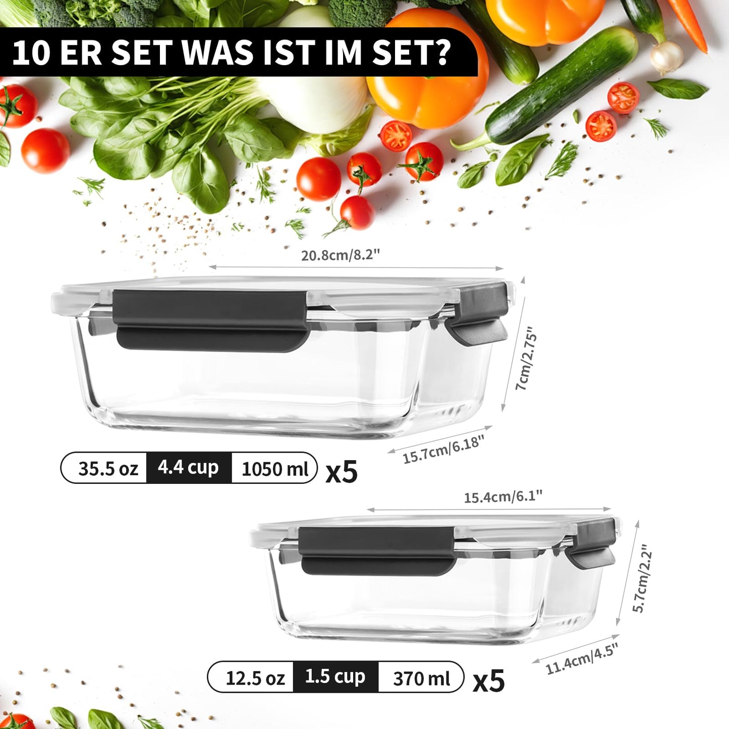 Glass containers with lids, storage container set, 20 pieces (10 containers, 10 lids), dishwasher safe, microwave & freezer safe, leak-proof, modern, food storage containers, fresh-keeping containers.