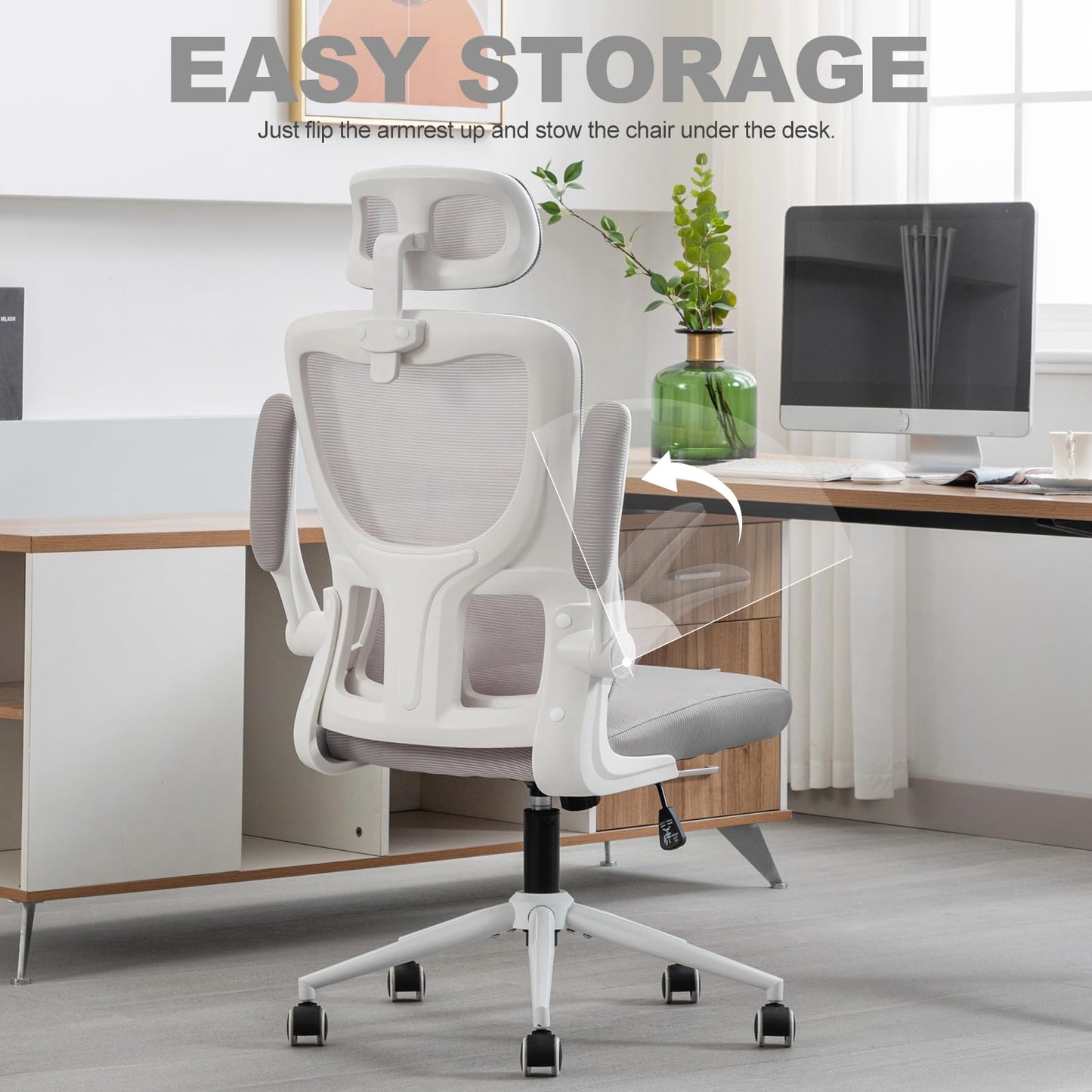 LIYURUI Ergonomic Office Chair, Adjustable Desk Chair with Headrest/self-adaptive Lumbar Support/padded flip-up Armrest, breathable 125° Rocking 360° Swivel Chair, gray