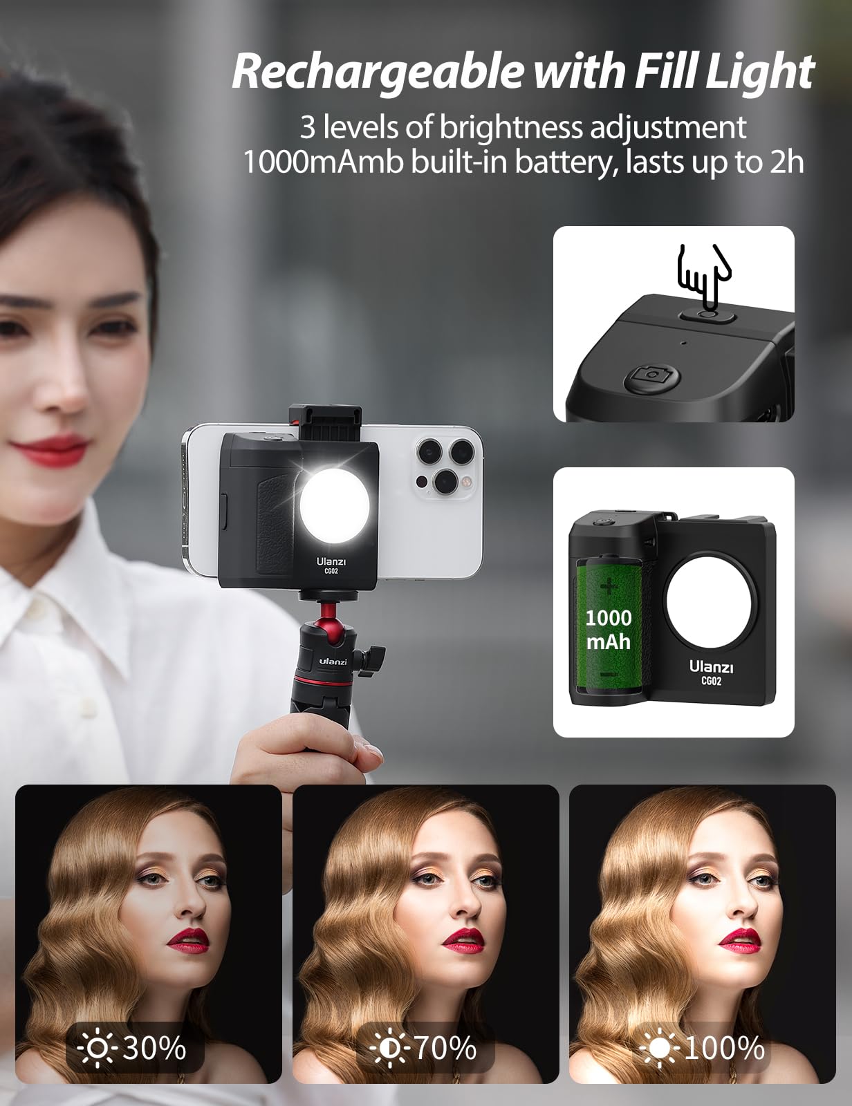 ULANZI CG02 Smartphone Handle Grip, phone cap grip with fill light, 3 levels adjustable, smartphone grip with remote control, cold shoe, fill light for selfies, TIKTOK, VLOG, handle grip for iPhone, Android