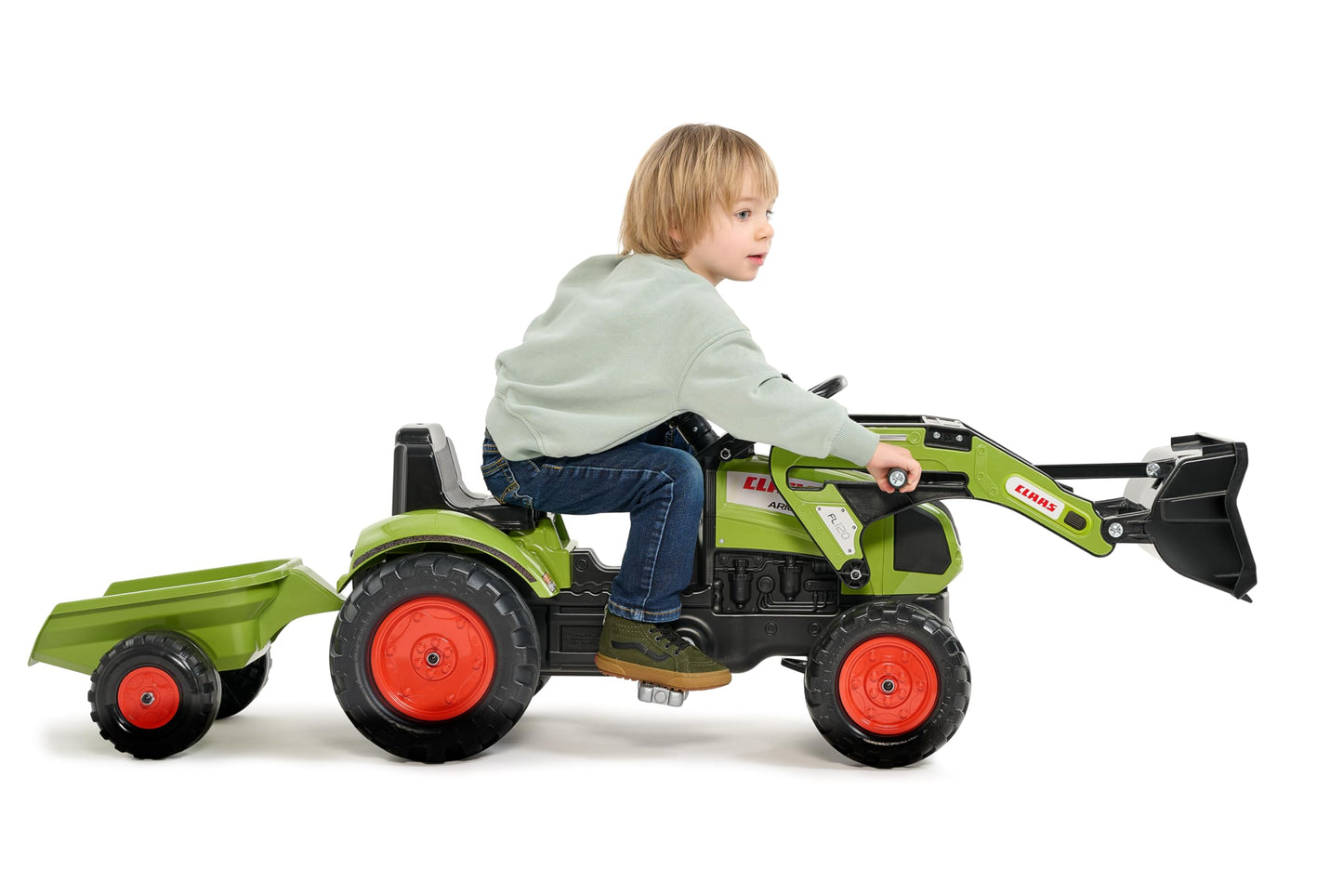 Falk 2040ML Claas Pedal Backhoe Loader with Trailer, Pedal Backhoe, Children's Pedal Tractor with Steering Wheel and Horn, for kids aged 2 to 5, Ride-On Toy - Green