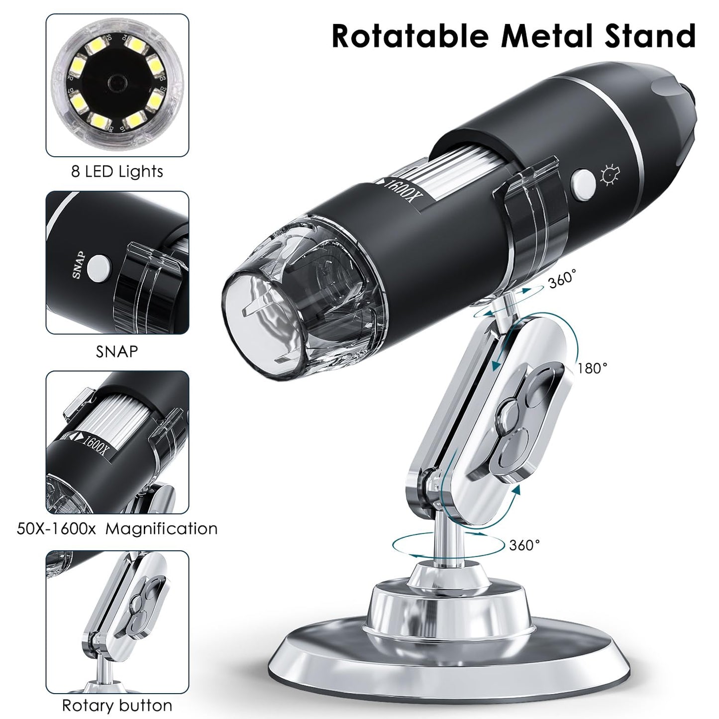 USB Digital Microscope, SKYBASIC handheld HD inspection camera with 50-1600x magnification and adjustable stand, 8 LED lights, compatible with iOS and Android devices.