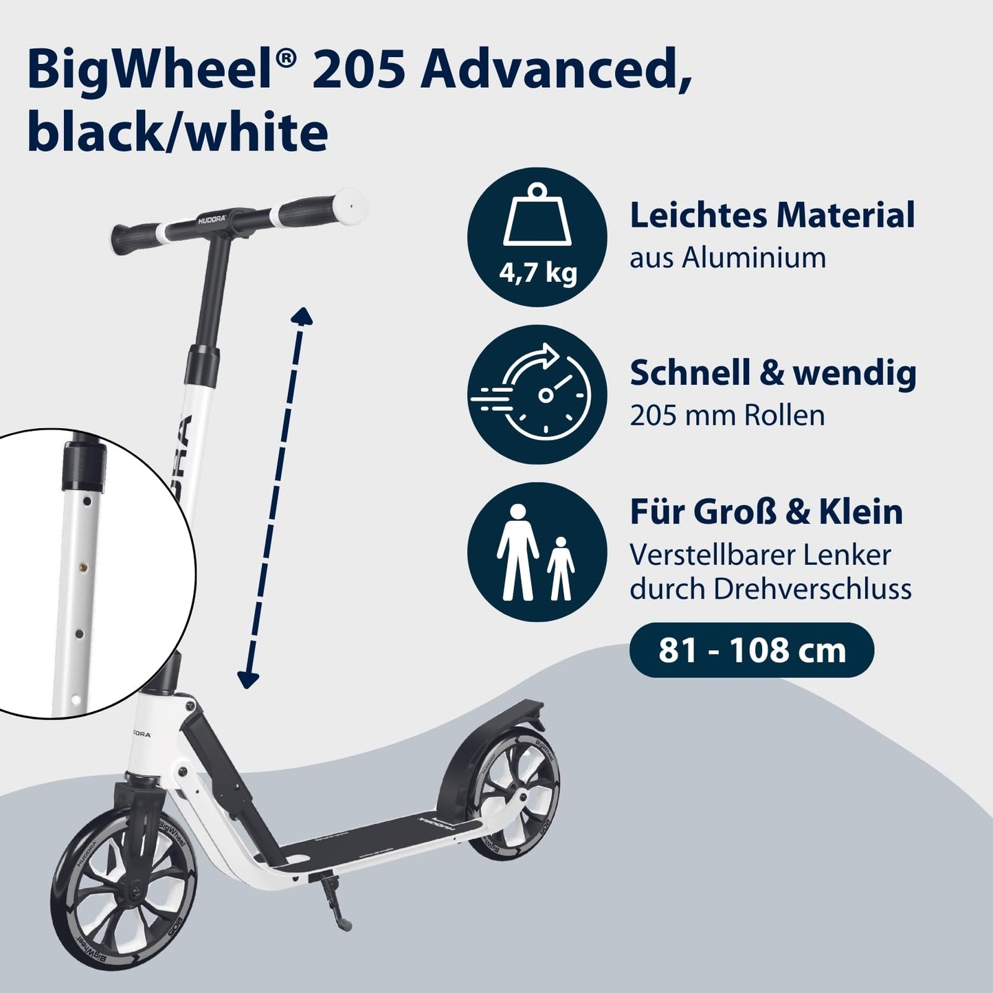 HUDORA BigWheel® 205 Advanced Scooter - Comfortable aluminum scooter for up to 100kg - Height adjustable & foldable kick scooter - Scooter for kids/teens & adults