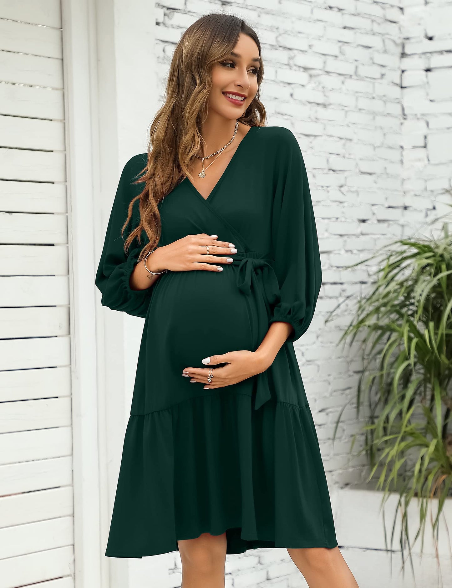 KOJOOIN Women's Maternity Dresses V-Neck 3/4 Sleeve Ruffle Pregnancy Dresses with Belt Dark Green (3/4 Sleeve) M