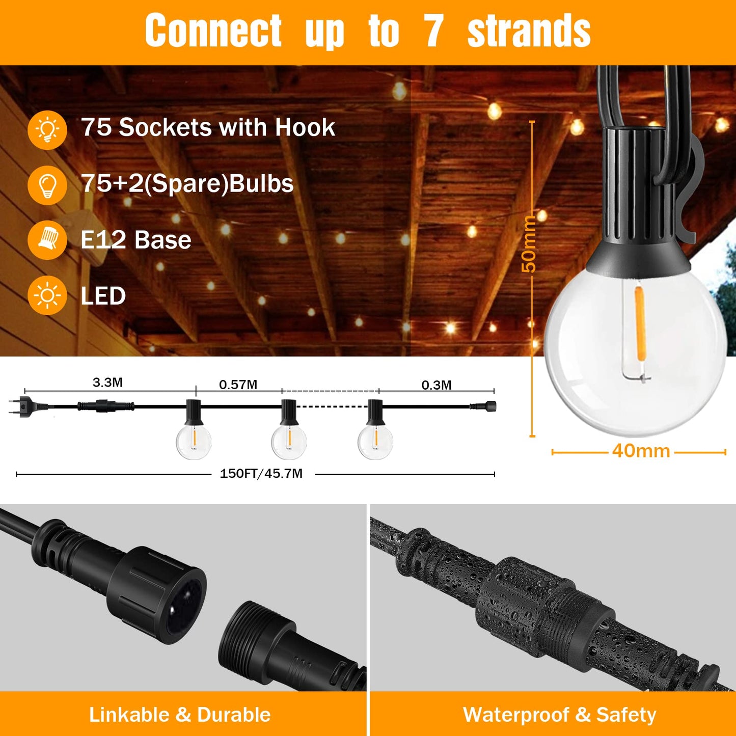 GLUROO Outdoor String Lights 45.7M, Waterproof Outdoor String Lights with 75+2PCS G40 Plastic Bulbs, LED String Lights Shatterproof for Garden, Porch, Christmas Party, Decor