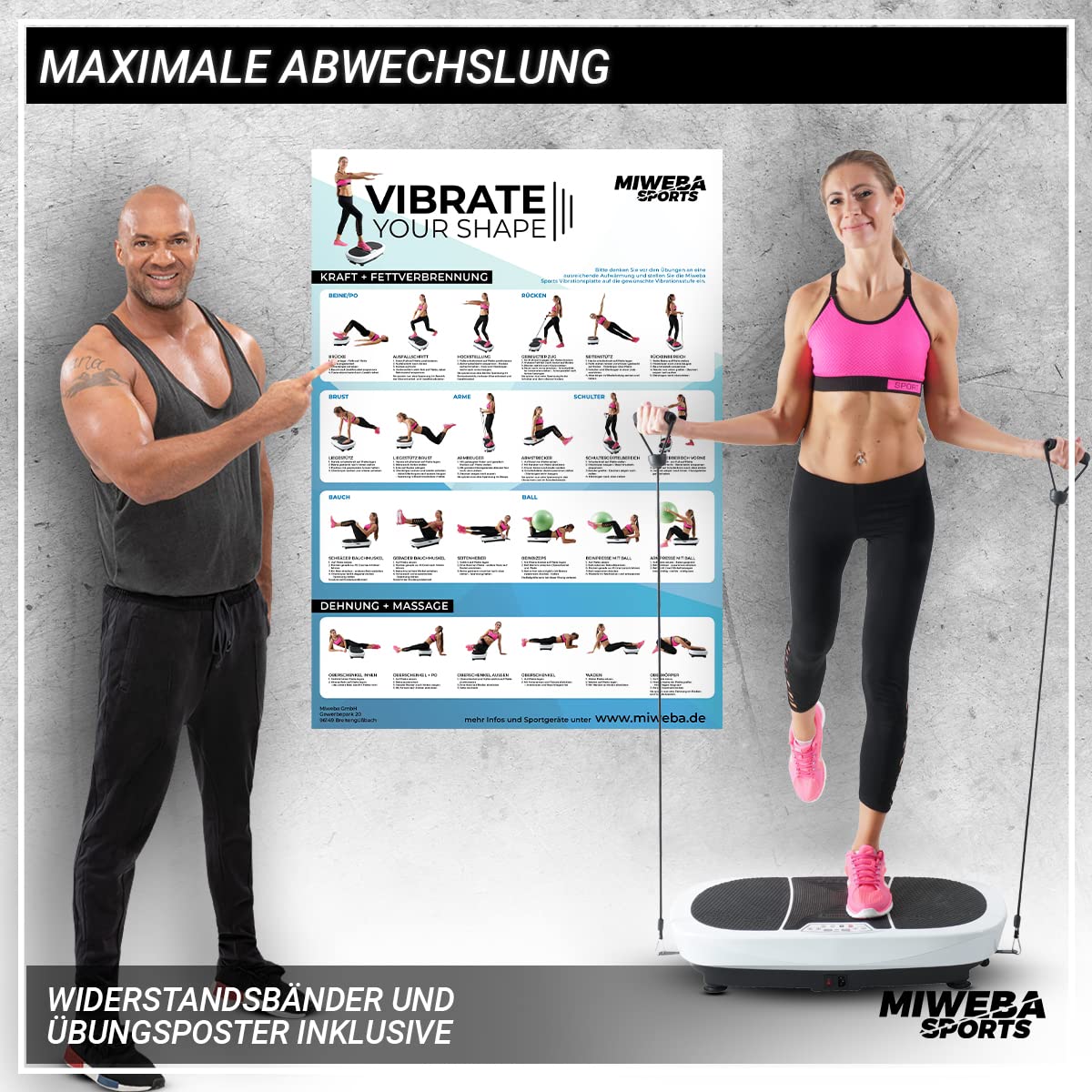 Miweba Sports Fitness 3D Vibration Plate MV200-3 Year Warranty - 400 Watts - 99 Intensity Levels - 3D Training - Bluetooth - LED Lighting - Remote Control - Resistance Bands (Black)