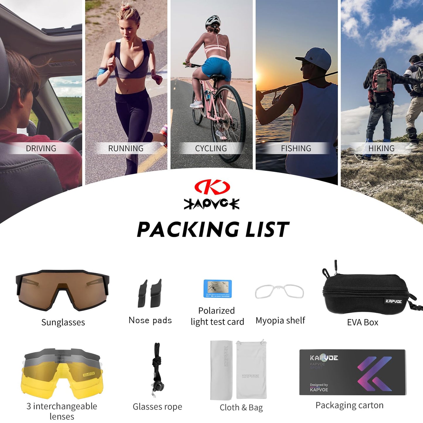 KAPVOE Polarized Cycling Glasses with 4 interchangeable lenses TR90 frame for men women cycling MTB sports sunglasses bike glasses driving fishing baseball running brown black 04
