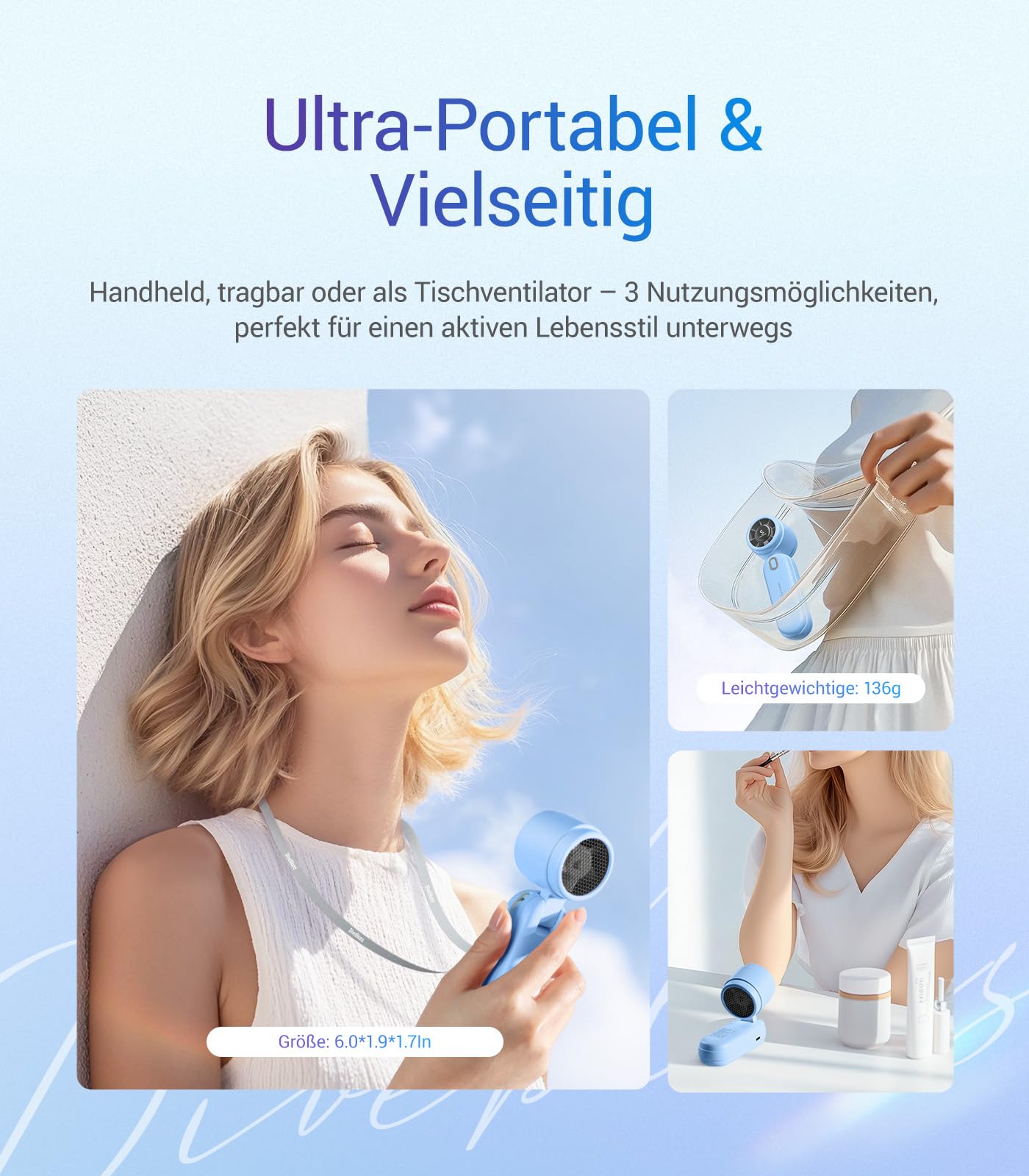 Diveblues 3-in-1 handheld turbo fan with 4000mAh USB rechargeable battery, 5 speeds, foldable portable design, up to 12 hours runtime, perfect for travel, camping, and outdoor use.
