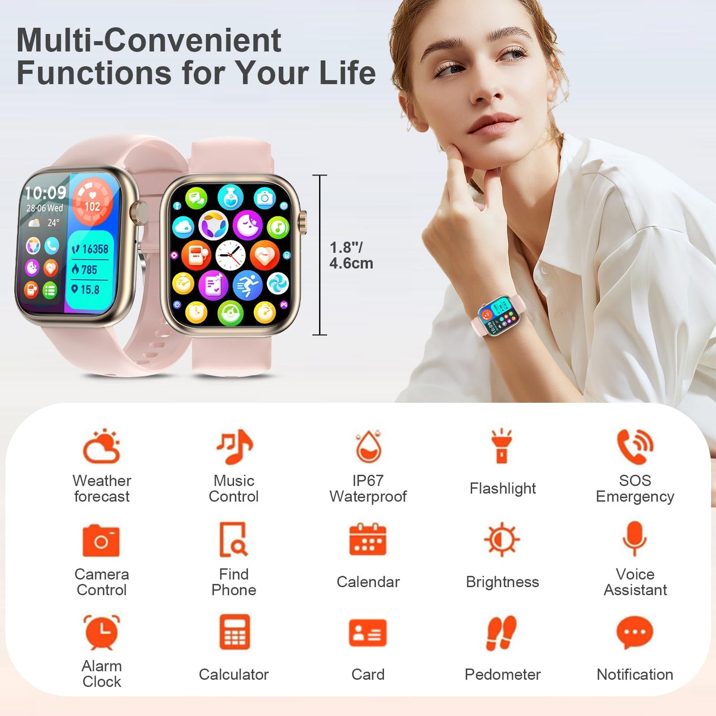 fitonyo Smartwatch for Women with Phone Function, 1.83" Inch Touch Screen Smart Watch, 110+ Sport Modes Sleep Monitor Heart Rate Monitor, IP68 Waterproof Watch, Fitness Tracker Sport Watch Smartwatch for iOS Android, Pink