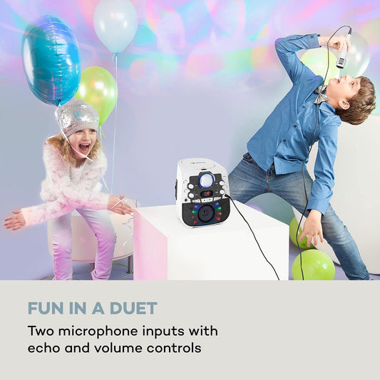 auna StarMaker 2.0 Karaoke System, karaoke machine with Bluetooth function, CD player, for CD, CD+G, CD-RW, includes microphone, 2 microphone inputs, LED show, A/V output, white.