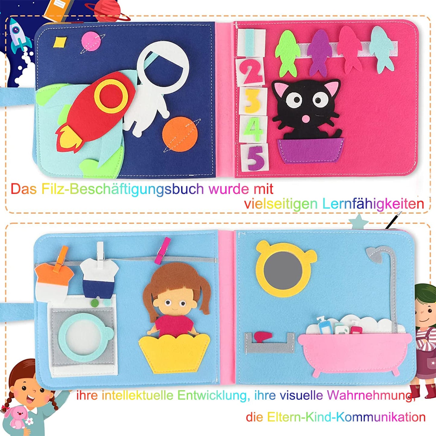 Quiet Book with 16 themes, 3D felt Busy Book, Educational sensory fabric book, Learning toy for toddlers aged 1 2 3 4 years.