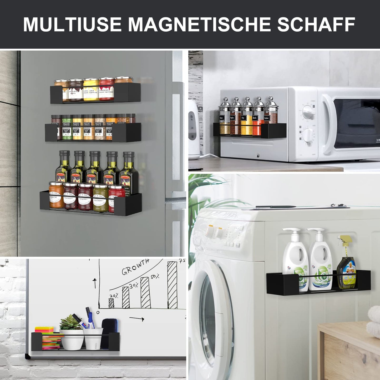 Golden Bell 4 Piece Magnetic Spice Rack, Magnetic Shelf Refrigerator, Spice Rack Without Drilling, Strong Magnetic Spice Organizer, Black