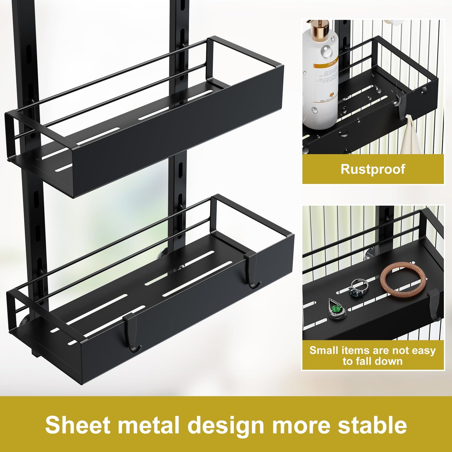 Orimade hanging shower caddy with hooks, adjustable shower shelf without drilling, 4 piece hanging shower basket for frameless glass door black.