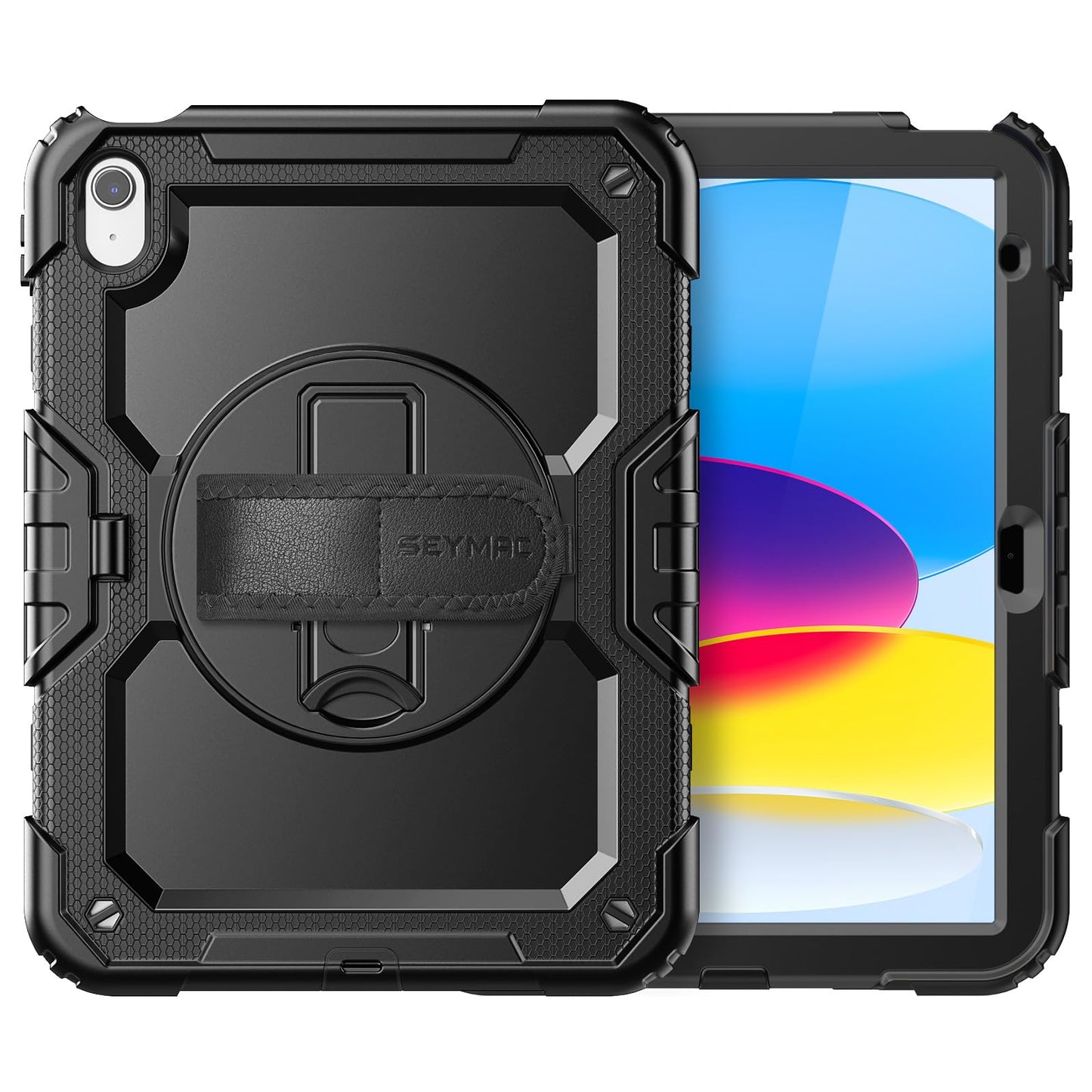 SEYMAC Case for iPad (A16) 11th/10th Generation 11/10.9 inch 2025/2022, Shockproof iPad 11th Generation Case with Screen Protector, 360° Rotatable Stand/Hand Strap, Shoulder Strap, Pencil Holder, Black