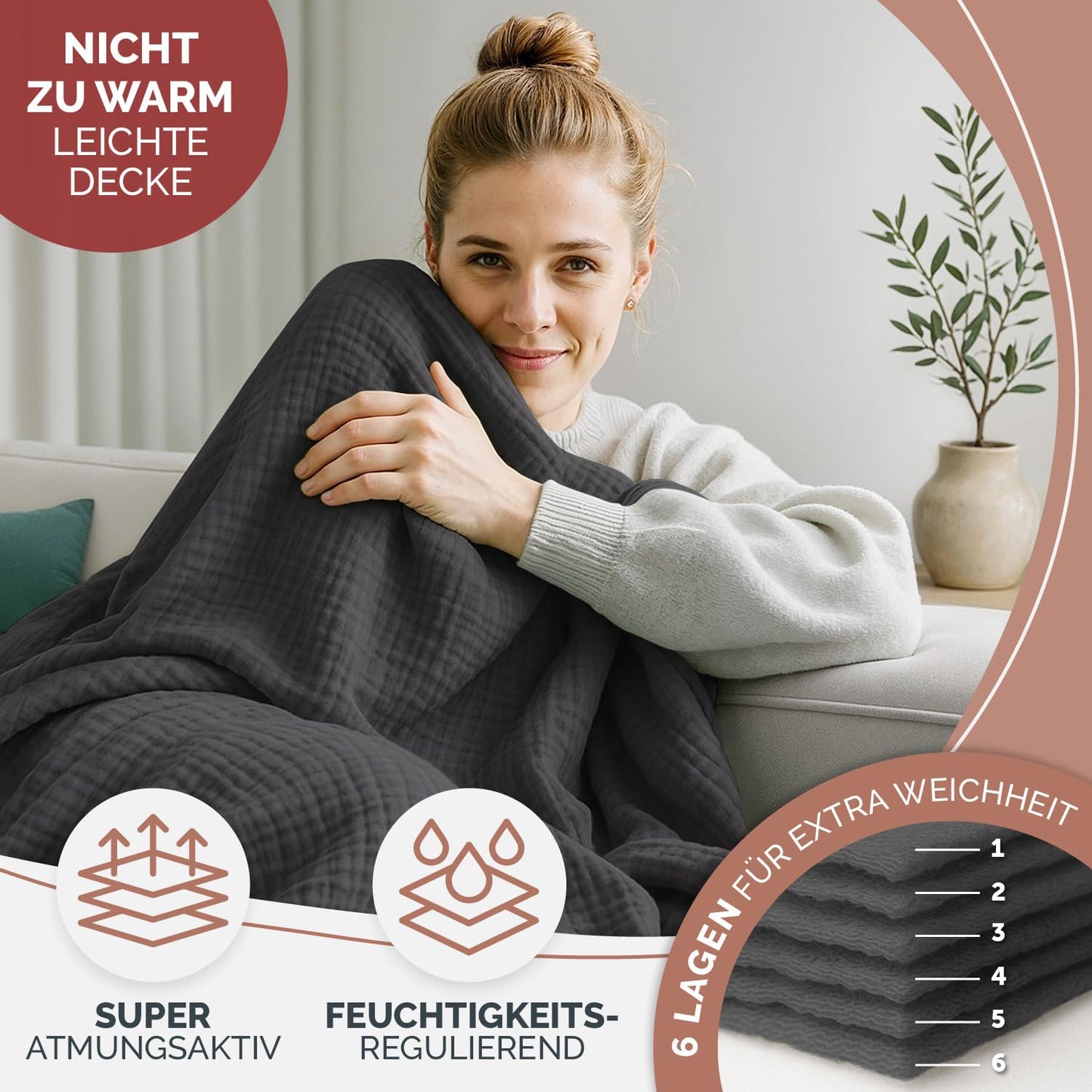 Blumtal daybed 200x230 cm Cotton - Muslin Blanket Oeko-TEX cert. - Bedspread 200x230 - Couch Throw - Light cotton cuddly blanket 100% - Living room sofa blanket - Bedspread Anthracite