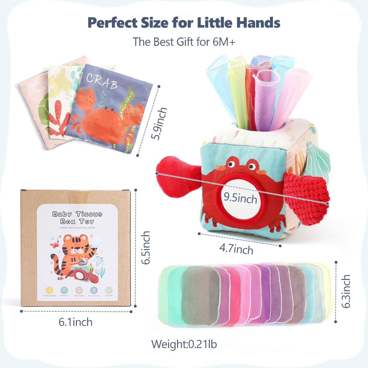 WOODEN TEETHER Personalized Baby Tissue Box Toy (engravable and blessed) Montessori toy for 6 months, Promotes Sensory & Motor Skills, with mirrors, Boys & Girls Gift (Crabs)