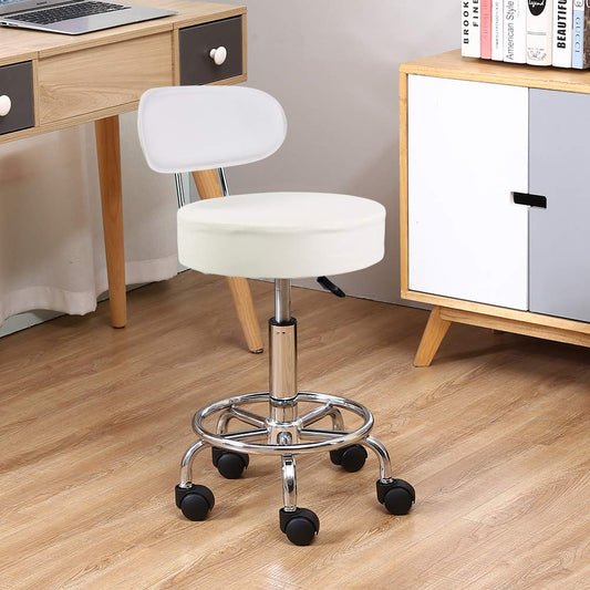KKTONER Rolling Stool Office Chair, height adjustable, swivel stool with low backrest and footrest, made of white PU leather.