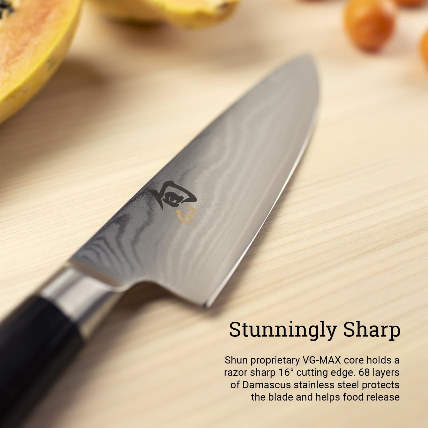 KAI Shun Classic 8-inch Japanese chef's knife - Damascus blade with 32 layers, VG-MAX core, 61 (±1) HRC - Pakka wood handle - Made in Japan - Forge-finished kitchen knife, chef knife, utility knife.