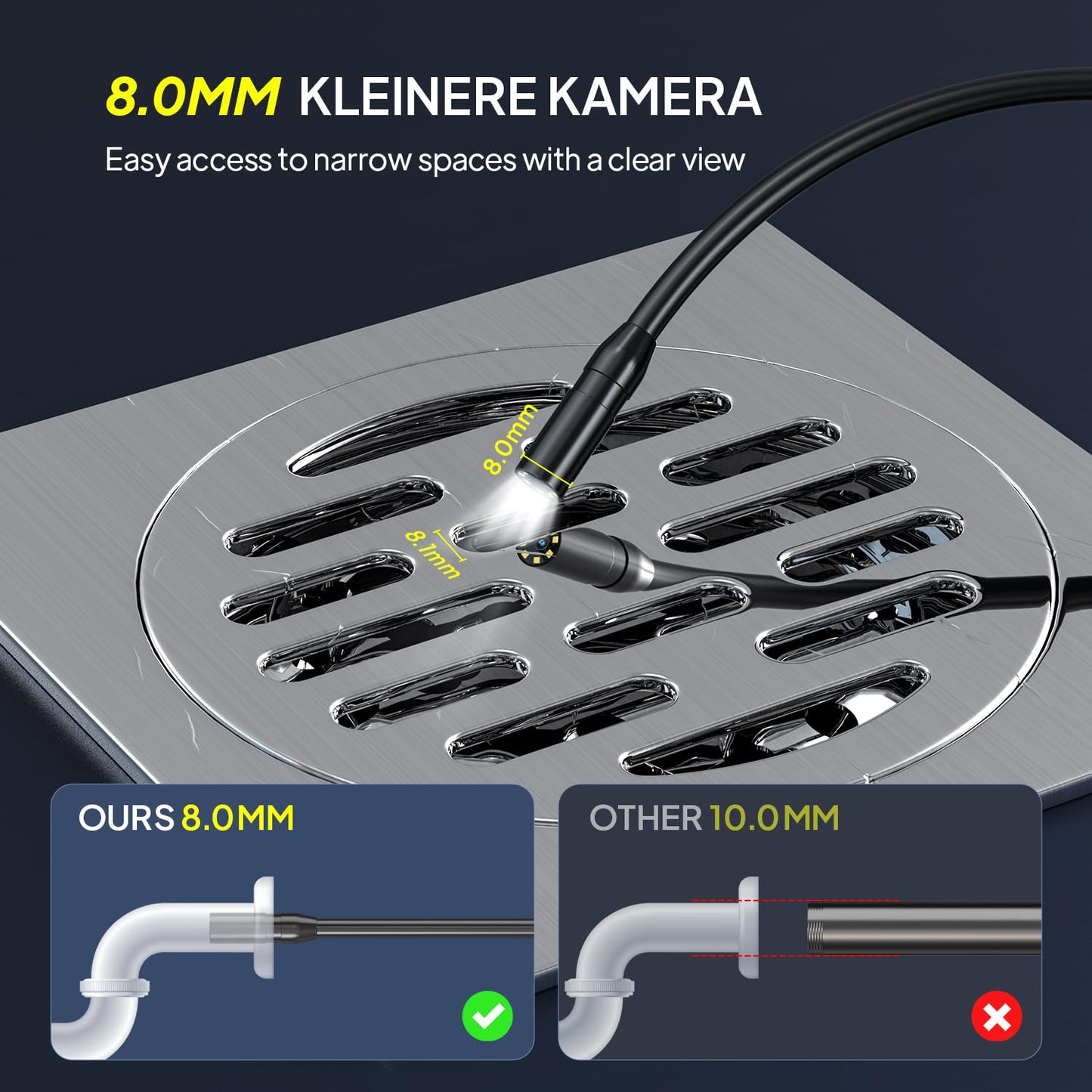 Endoscope camera with light, Qimic endoscope camera for mobile phones 8mm IP67 inspection camera, 4.3" HD pipeline camera with 8 LEDs, waterproof channel camera for tools.