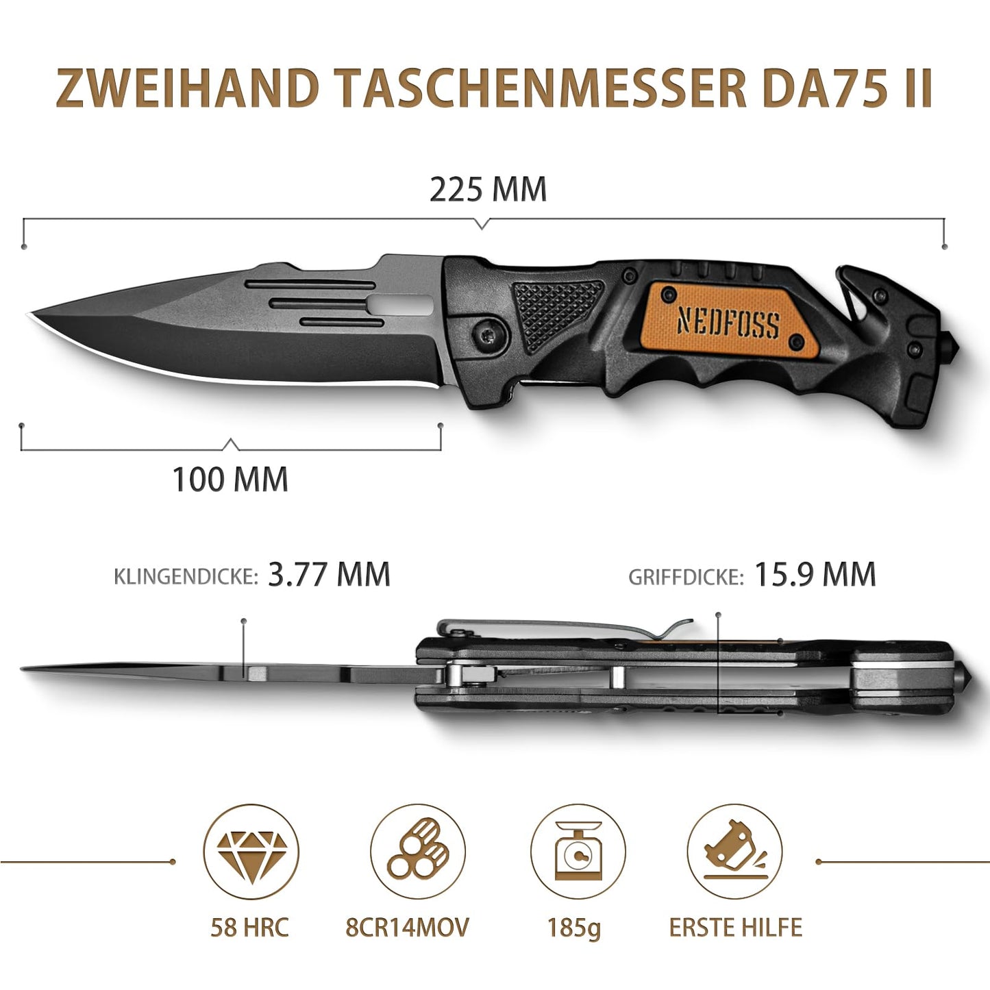 NedFoss DA75 two-hand knife, 10CM pocket knife with seatbelt cutter & glass breaker, legal folding knife with liner lock & ball bearing, survival knife outdoor, rescue knife with clip in gift box.