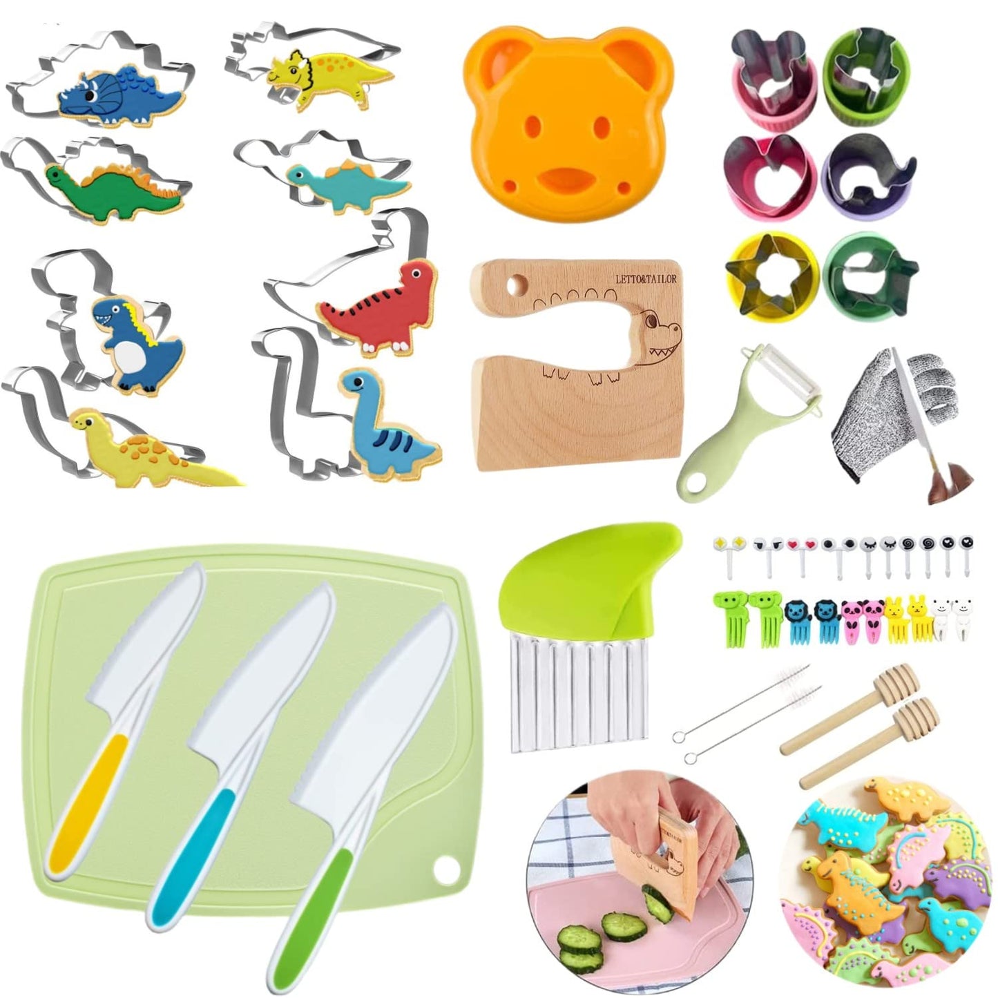 47-piece children's kitchen knife set with dinosaur cookie cutters and kid-friendly knives for cutting cakes, cookies, fruit, sandwiches, and vegetables.