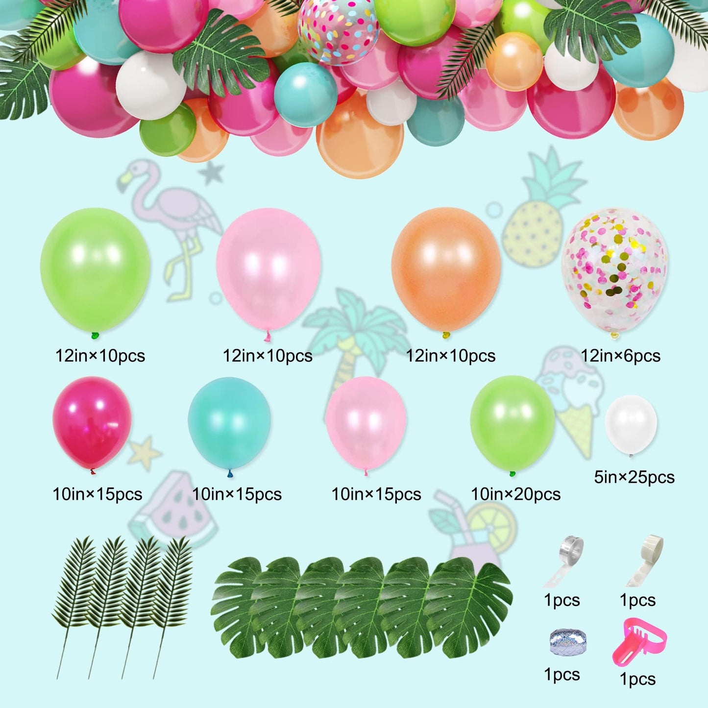 140 Piece Tropical Balloons Garland, Hawaiian Tropical Balloon Garland with Flamingo, Palm, Leaf, Latex Balloons for Summer Party.