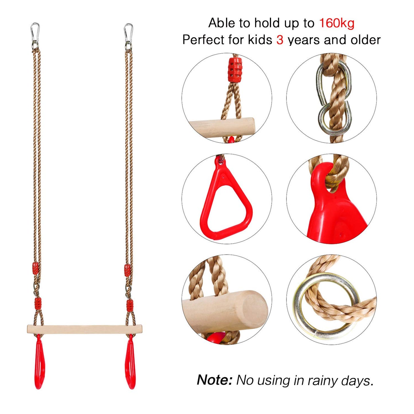 PELLOR Multifunctional Kids Wooden Trapeze Swing with Plastic Gymnastic Rings for Hanging, supports up to 160KG, Red.