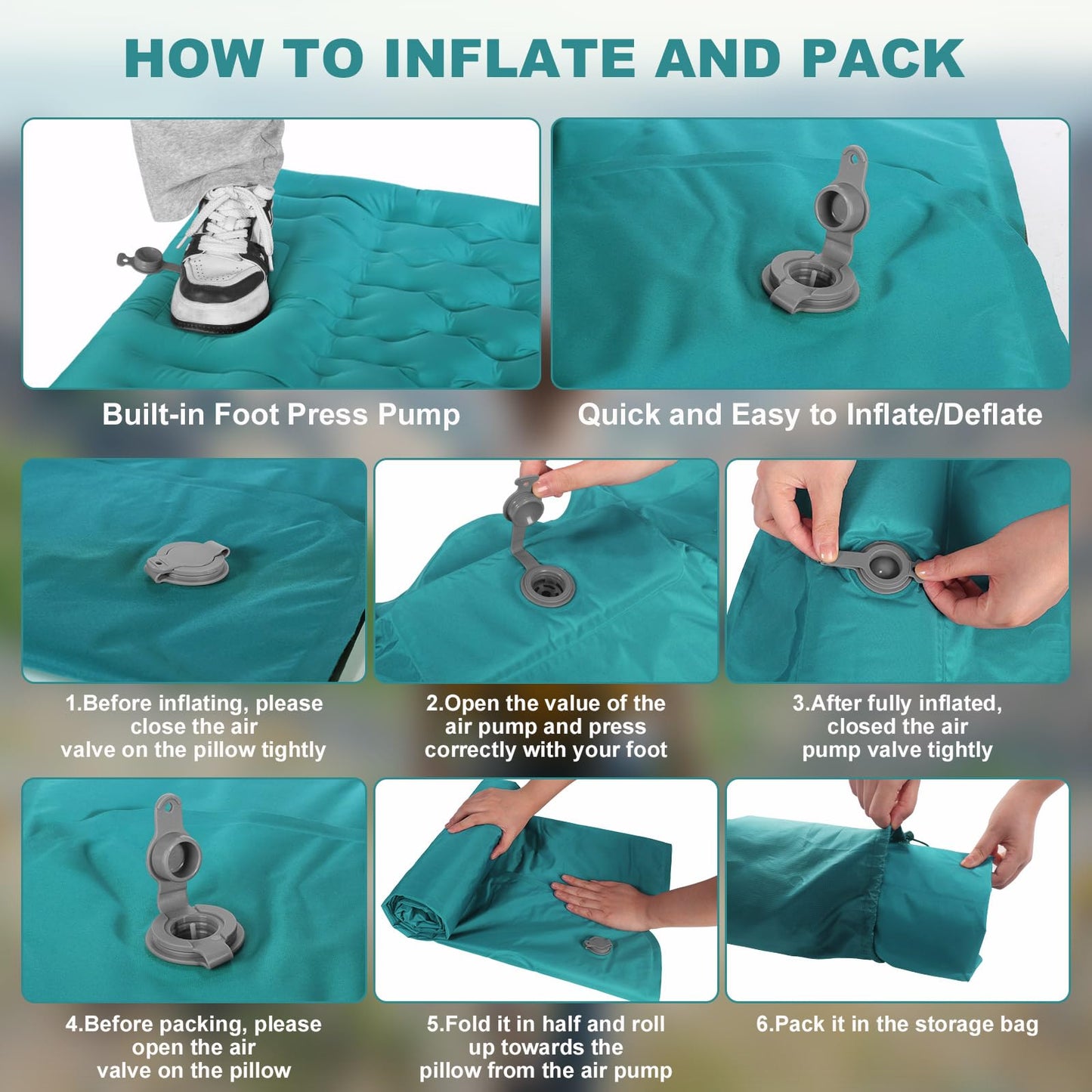 SHANNA Camping Air Mattress: Extra Thick 12cm Ultralight Self-Inflating Lightweight and Compact Inflatable Mattress with Built-in Pump, Ideal for Hiking (Peacock Blue)
