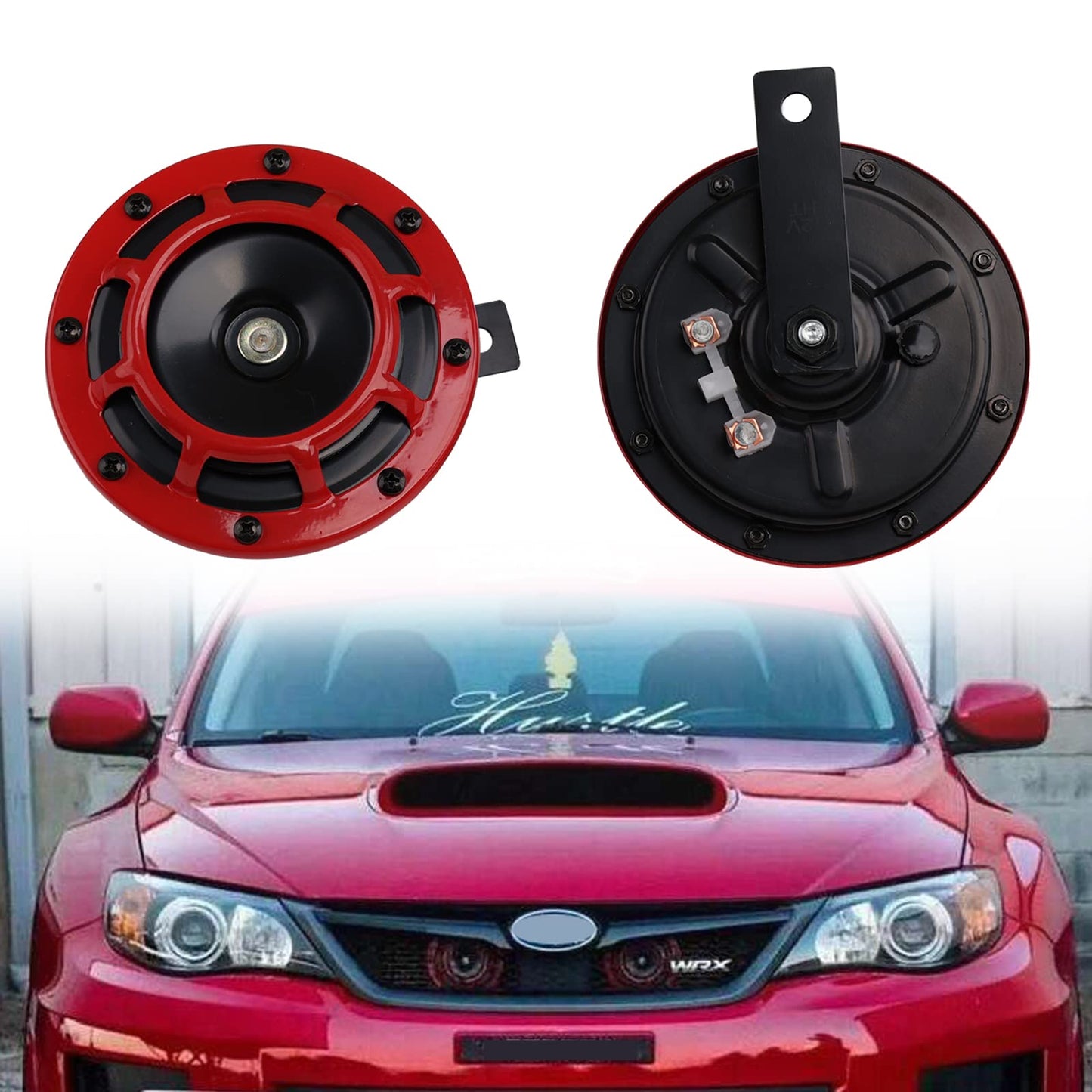 Car horn 12 volt high/low tone dual horn kit with red protective grille. Metal twin horns kit for car motorcycle, red set high/low tone.