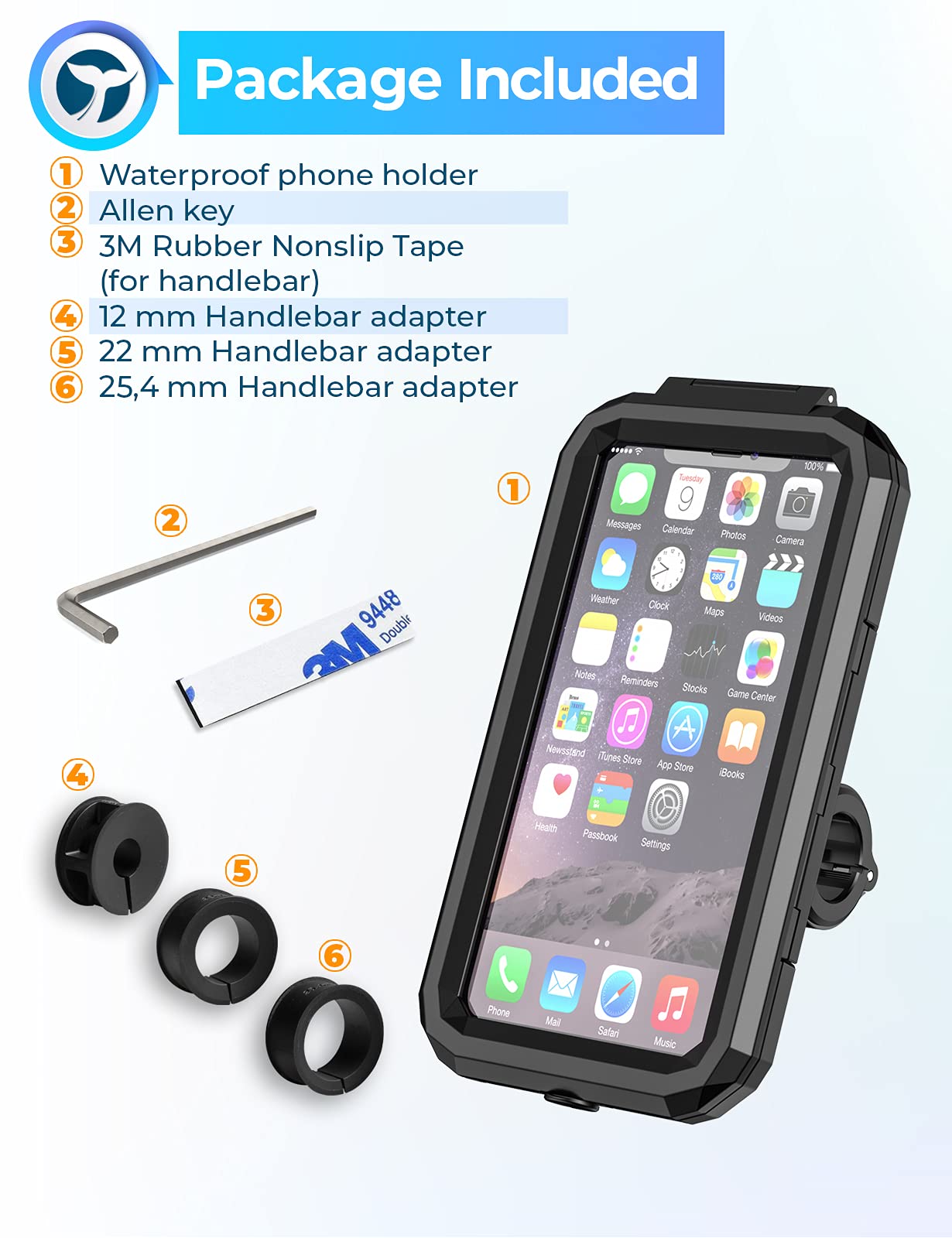Orcas motorcycle phone holder Waterproof - for mountain bike, scooter, e-bike, MTB 360° adjustable, 6 inches to 7 inches Mobile holder for cycling, Fits iPhone Xr Max, Samsung Note
