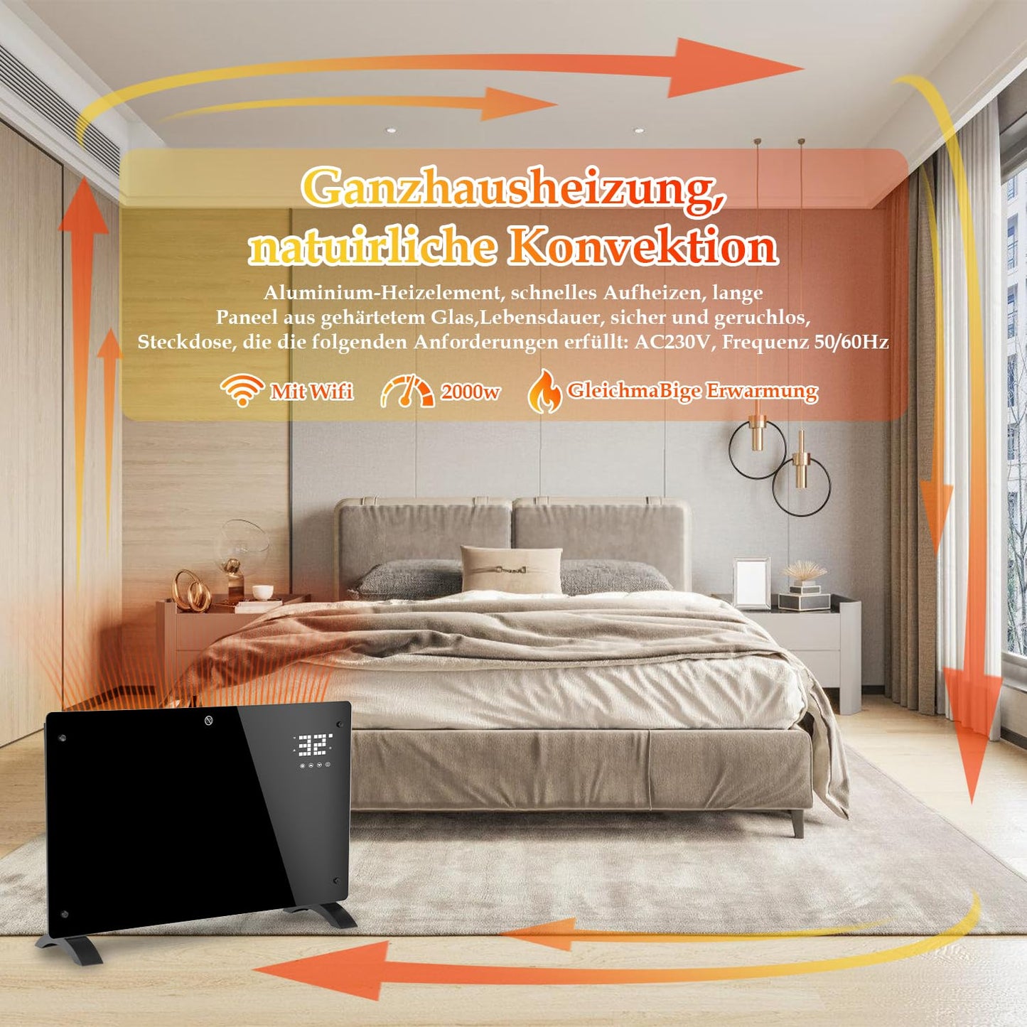 Jopassy Infrared Heater 2000W, Convector Heater with Thermostat & App Control Remote, Electric Radiator IP24, Wall Mounted, Portable Electric Heater Energy Saving.