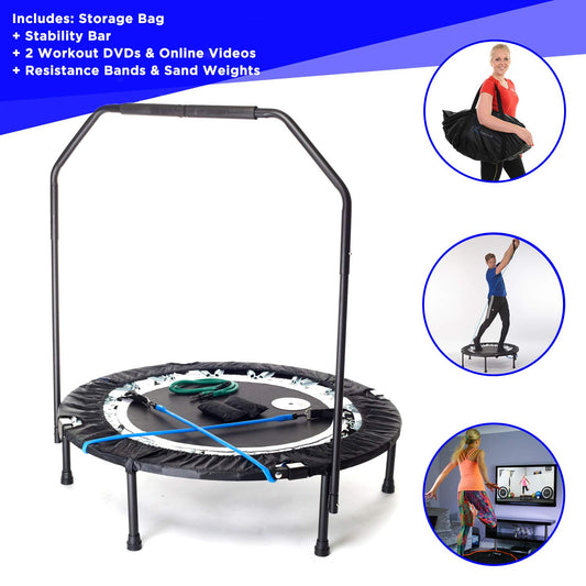 MaXimus PRO Folding Trampoline | #1 Indoor Mini Trampoline with Handle Bar for Adults | Best Home Gym | FREE Carry Bag, Resistance Bands, ONLINE & DVD Workouts!