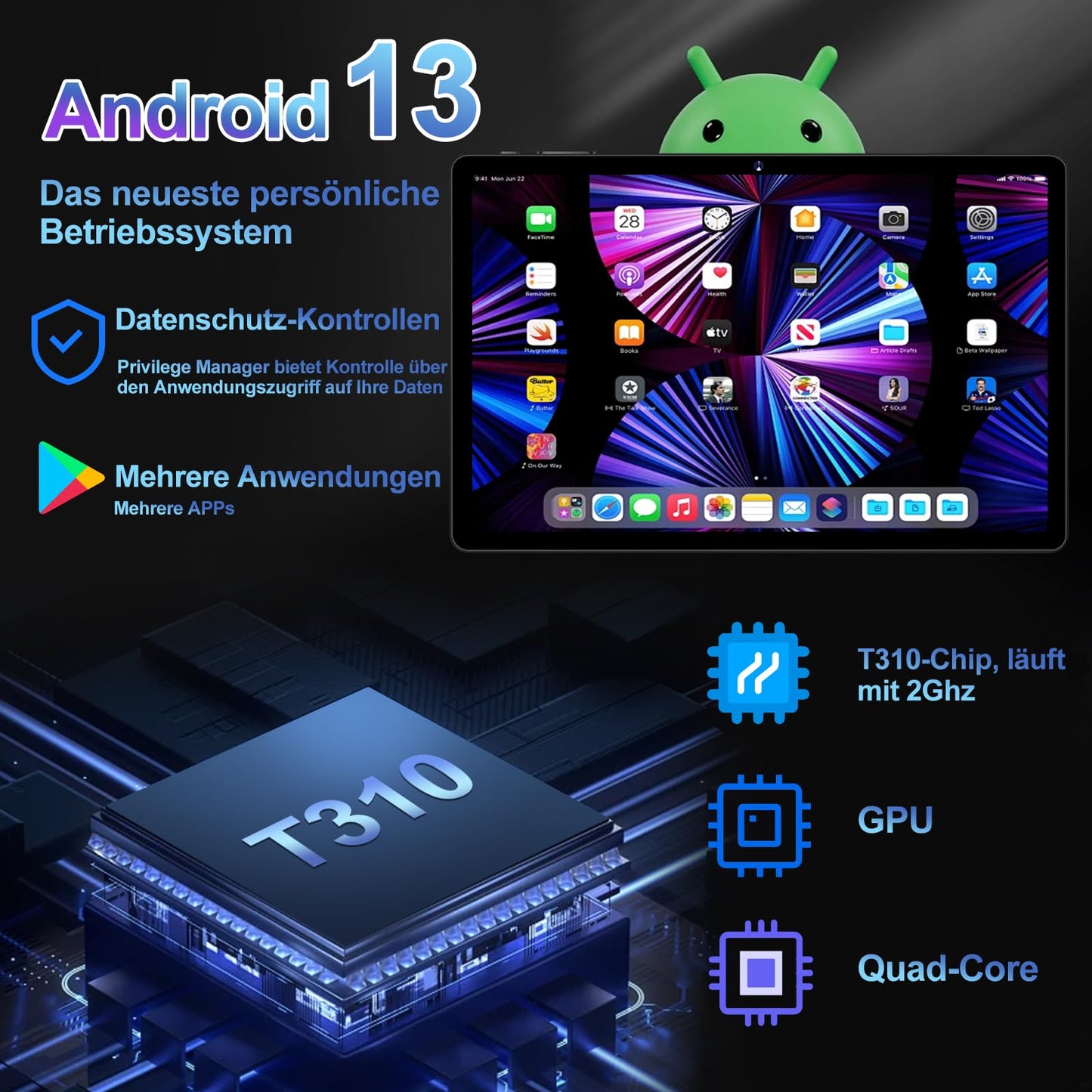 GOODTEL 2024 Latest Tablet 10 Inch Android 13 with 12GB RAM + 128GB ROM 1TB TF, 5G + 2.4G WiFi, GPS, Bluetooth 5.0, 6000mAh, Dual Camera 8+5MP, Cast, OTG, Type C, with case, keyboard & mouse - Black