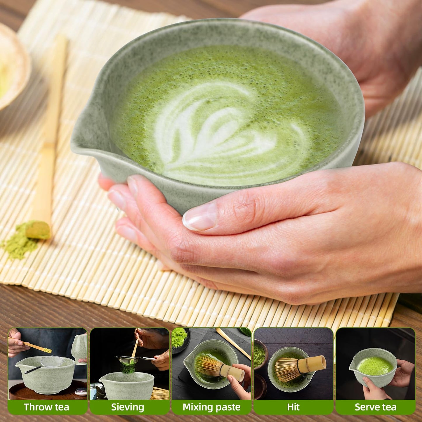 Matcha set - Matcha whisk set - 4-piece matcha tea set, Matcha whisk, Matcha bowl, Chasen, and Matcha spoon - Matcha accessories for tea ceremony - Green gift for home and office.