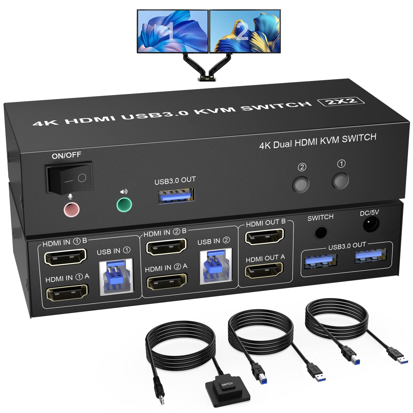 KVM Switch 2 PC 2 Monitors USB 3.0, 4K@60Hz HDMI KVM Switch 2 PC 2 Monitors with audio microphone output and 3 USB 3.0 Ports, PC Monitor Keyboard Mouse Switcher