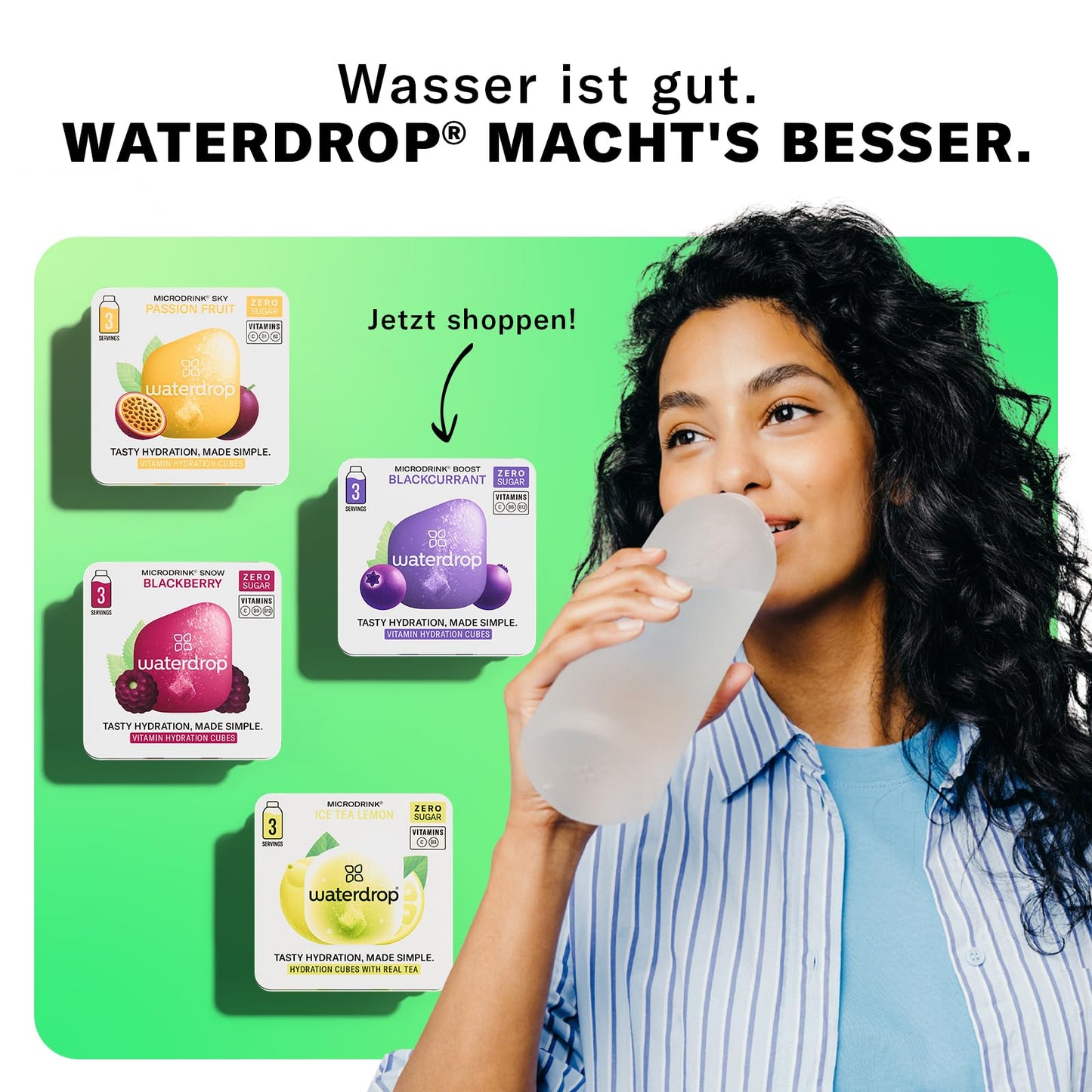 waterdrop® glass bottle 600ml incl. 18 sugar-free drops - gift for women - trial package with water bottle, flavor drops & vitamins - leak-proof bottle suitable for carbonation