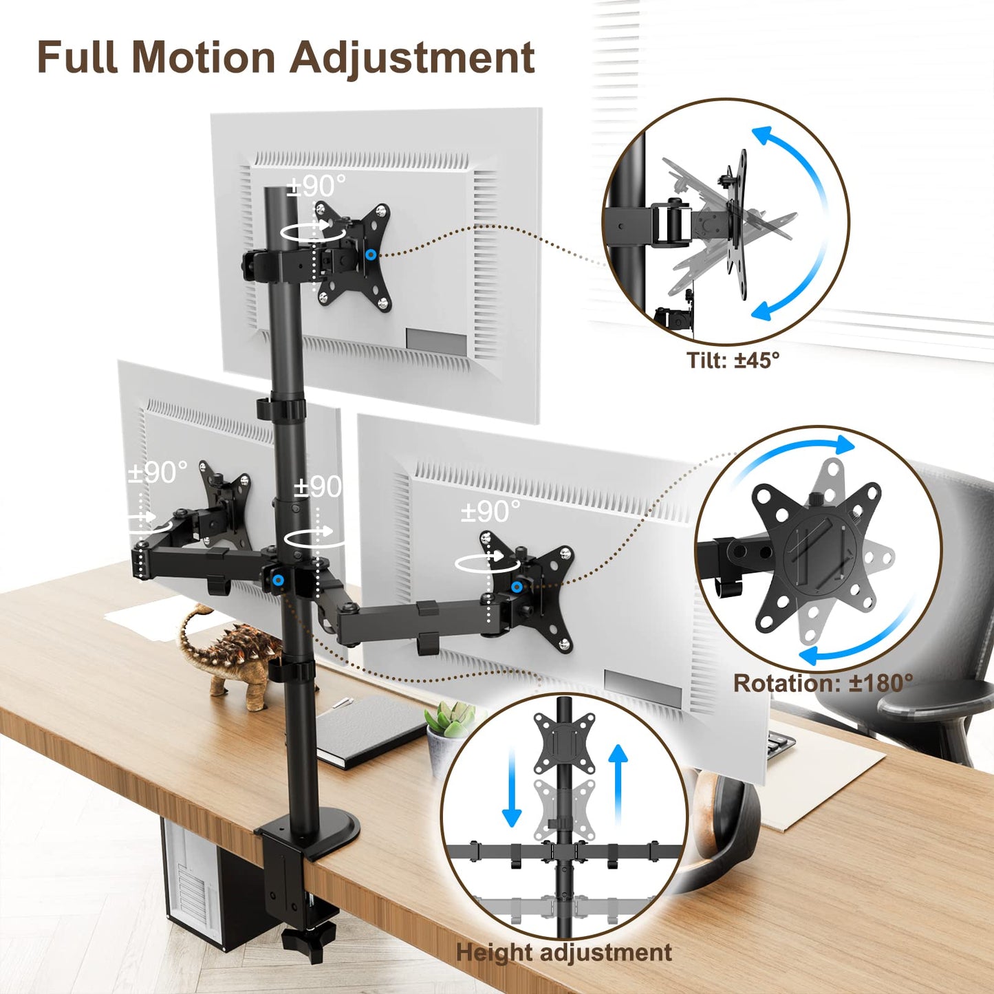 PUTORSEN Triple Monitor Mount for 13-32 inch Flat & Curved Screens, 80cm Pole Desk Mount Swivel Tilt Height Adjustable, 9kg per Arm, VESA 75x75/100x100, Black