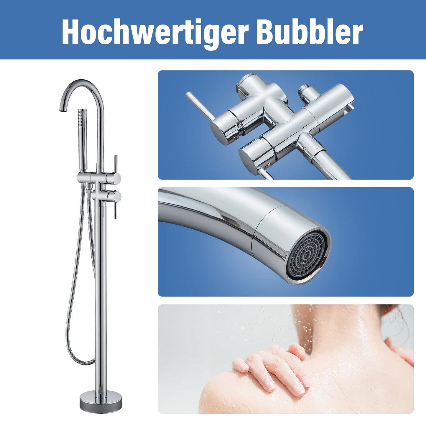 Rozin Free-standing Bathtub Faucet Chrome Floor Mounted Bathtub Faucet 360° Swivel Bathtub Faucet with Hand Shower Bathtub Faucet for Tub