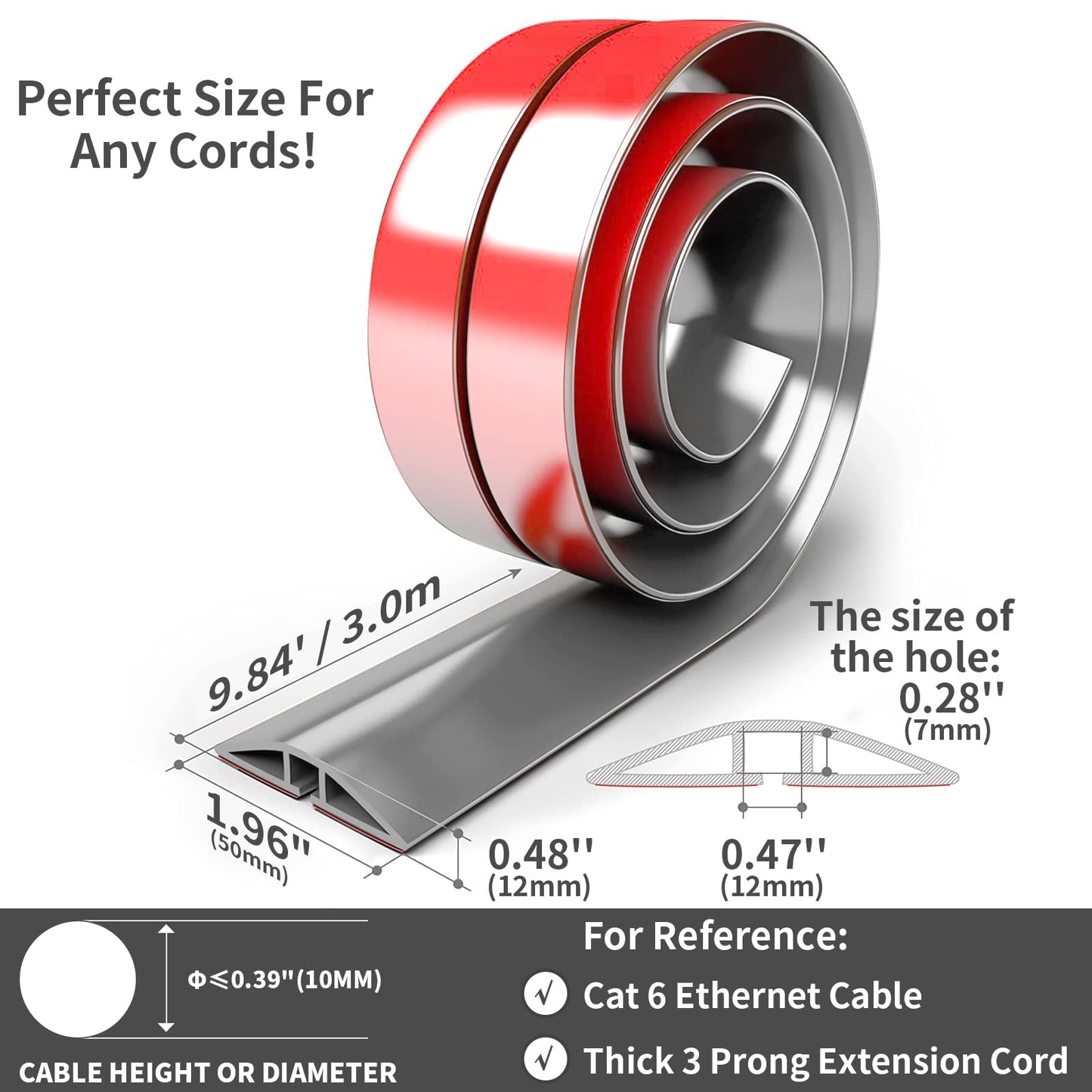 5 meter self-adhesive cable channels, flexible small cable duct, floor cable bridge, cable cover, cable protection, cable duct easy to cut installation for all power cables home, office, school, warehouse (Gray)