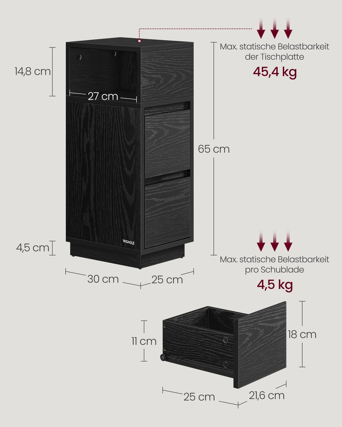 VASAGLE nightstand, narrow, side table with 2 drawers, open compartment can be mounted on the left or right flexibly, for bedroom, living room, ebony black LET656B56