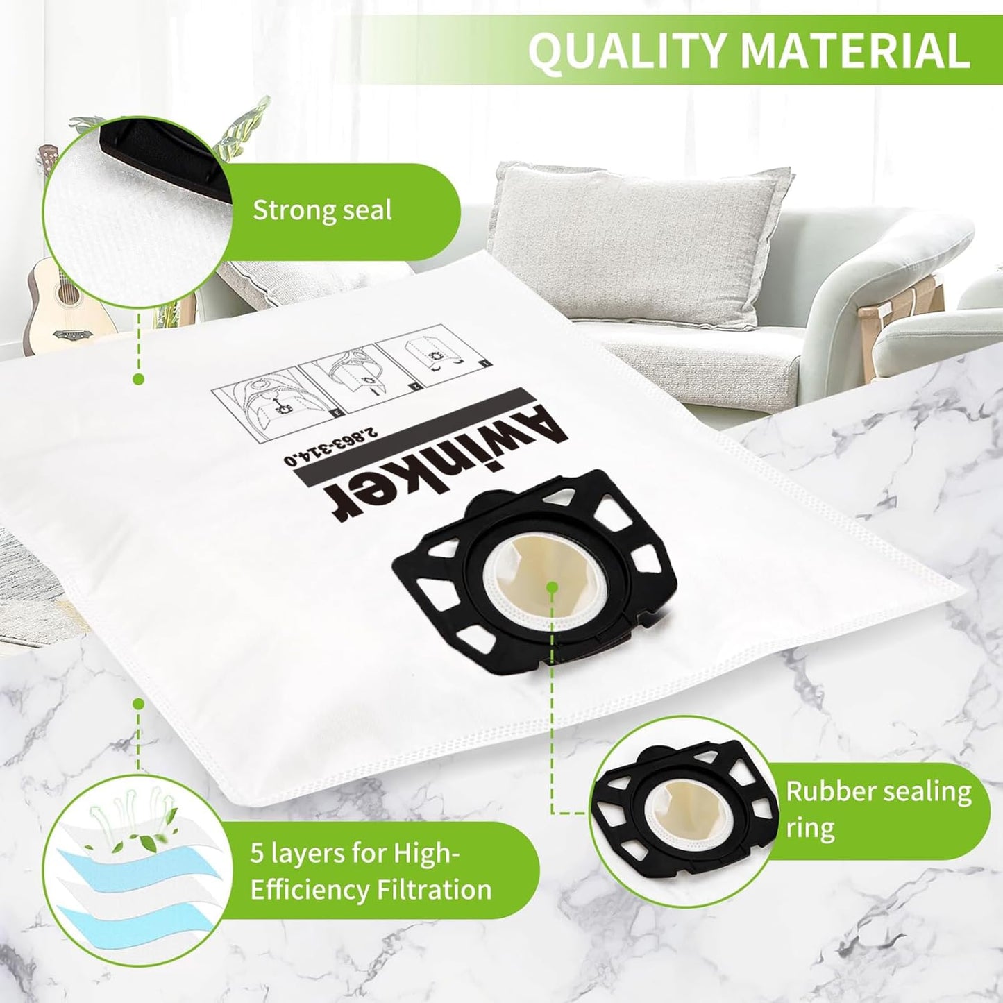 10 pieces KFI 357 vacuum cleaner bags for Kärcher WD2 WD3 KWD1 KWD2 KWD3 WD3.200 - WD3.800 M/SE4001/SE4002 vacuum cleaners, replaces 2.863-314.0