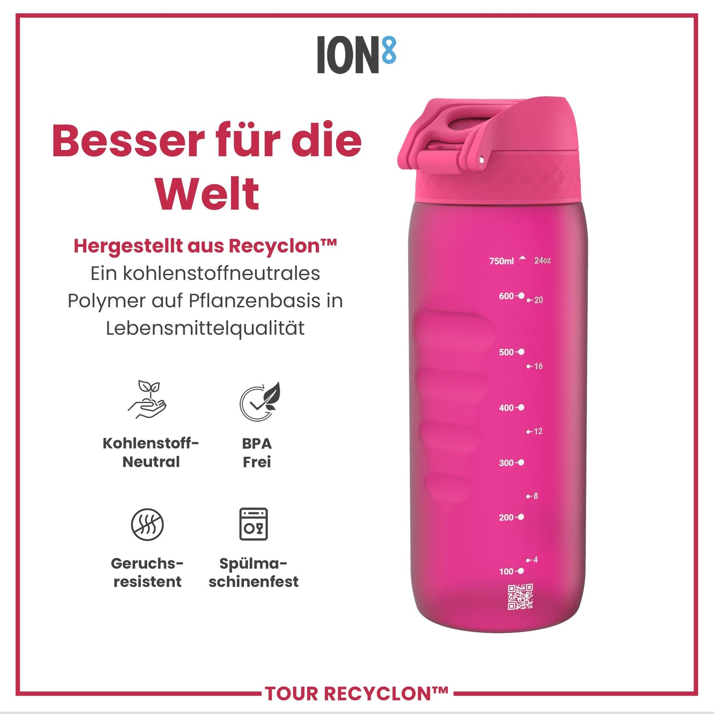 ion8 water bottle, 750ml, leak-proof, one-handed opening, secure lock, dishwasher safe, BPA-free, carry handle, flip lid, ergonomic grip, easy to clean, climate neutral, pink